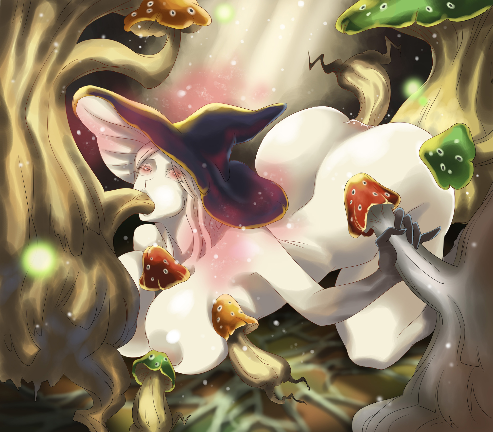 after transformation, all fours, ass, assimilation, brain drain, brainwashing, breasts, dragon's crown, enemy conversion, fellatio, female, fungi humanoid, fungi transformation, huge breasts, identity death, large ass, lips, masturbation, mushroom girl, mushroom hat, mushroom humanoid, nipples, paizuri, post-transformation, sex, sorceress (dragon's crown), species transformation, thick thighs, tongue, tongue out, transformation, wide hips