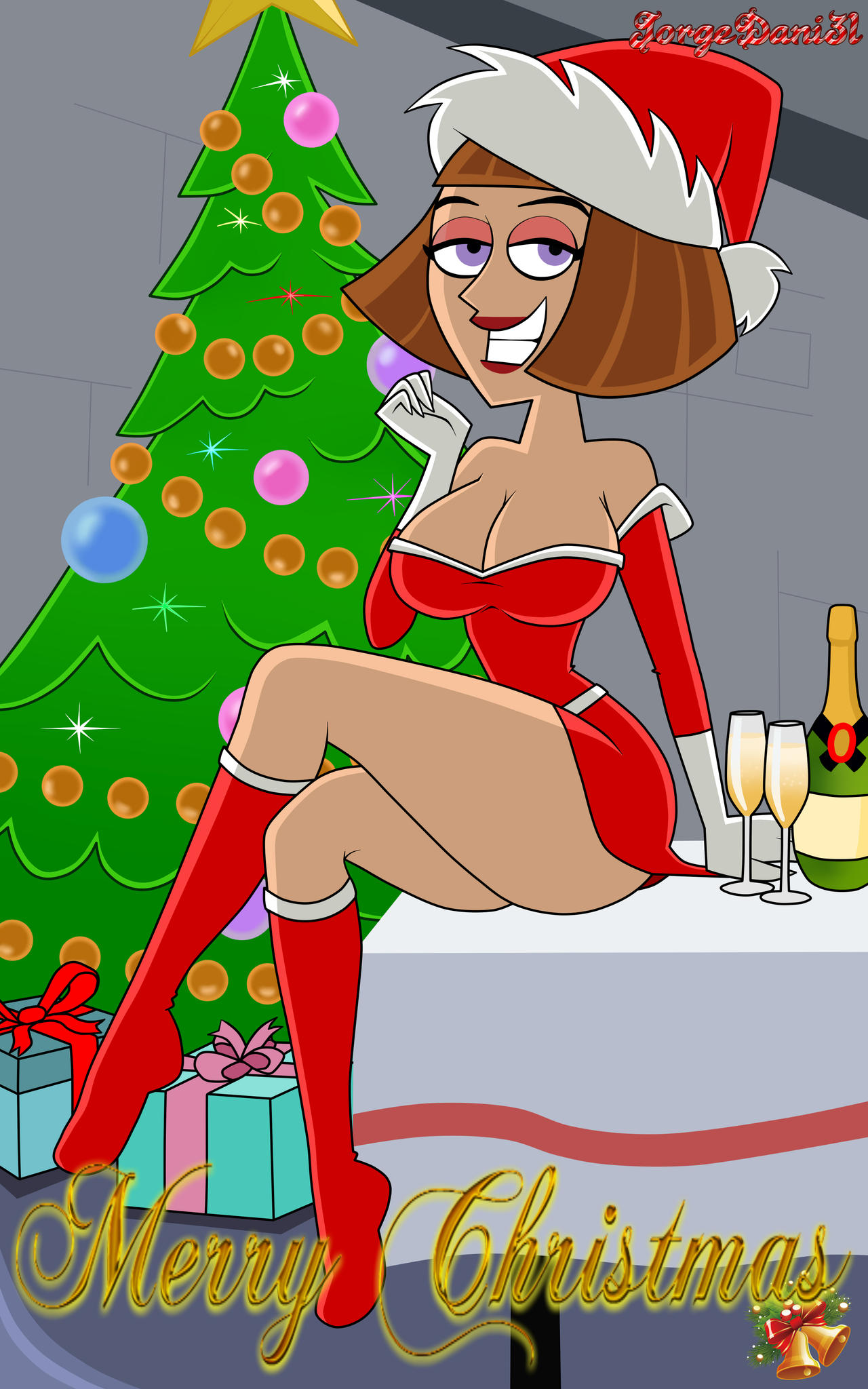 big_breasts breasts champagne_bottle champagne_glass christmas christmas_presents christmas_tree cleavage danny_phantom gloves holidays jorgedani3l looking_at_viewer madeline_fenton milf nickelodeon santa_hat sitting_on_table thick_thighs