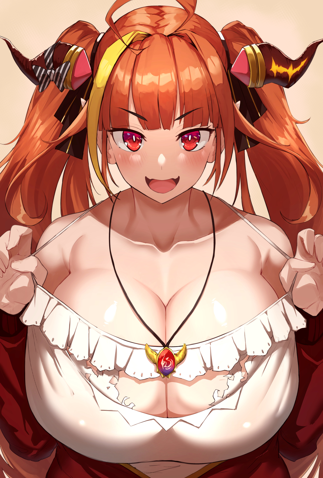 big_breasts blush breasts cleavage clothing hair_ribbon holoforce hololive hololive_japan horn kiryu_coco long_ears looking_at_viewer necklace nuezou open_mouth paizuri_invitation tagme tank_top twintails virtual_youtuber