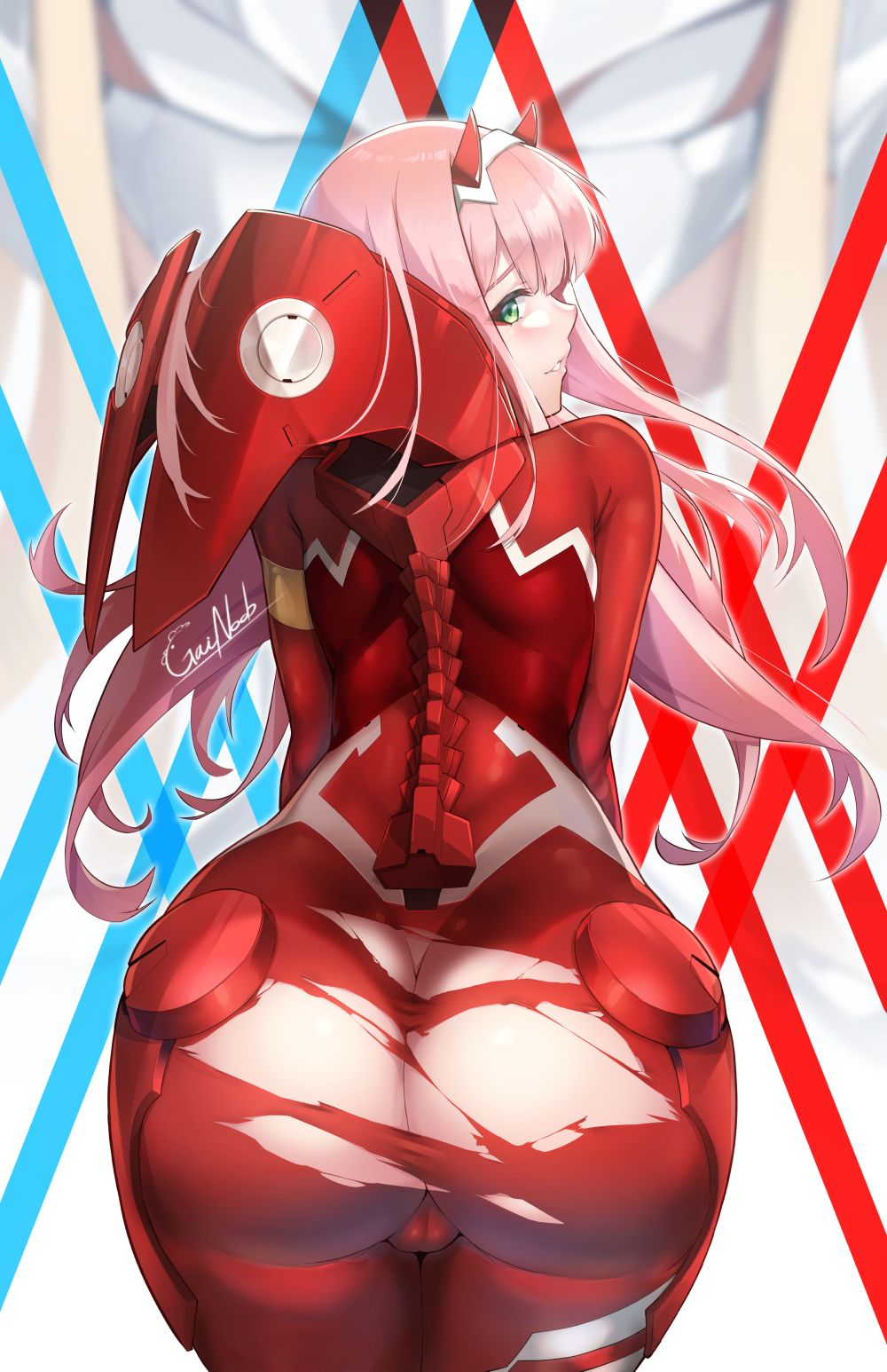 ass ass_focus back_view behind_view big_ass bodysuit darling_in_the_franxx gainoob green_eyes horns huge_ass long_ears looking_at_viewer looking_back pink_hair presenting presenting_ass red_bodysuit ripped_bodysuit ripped_clothing tagme viewed_from_behind zero_two_(darling_in_the_franxx)