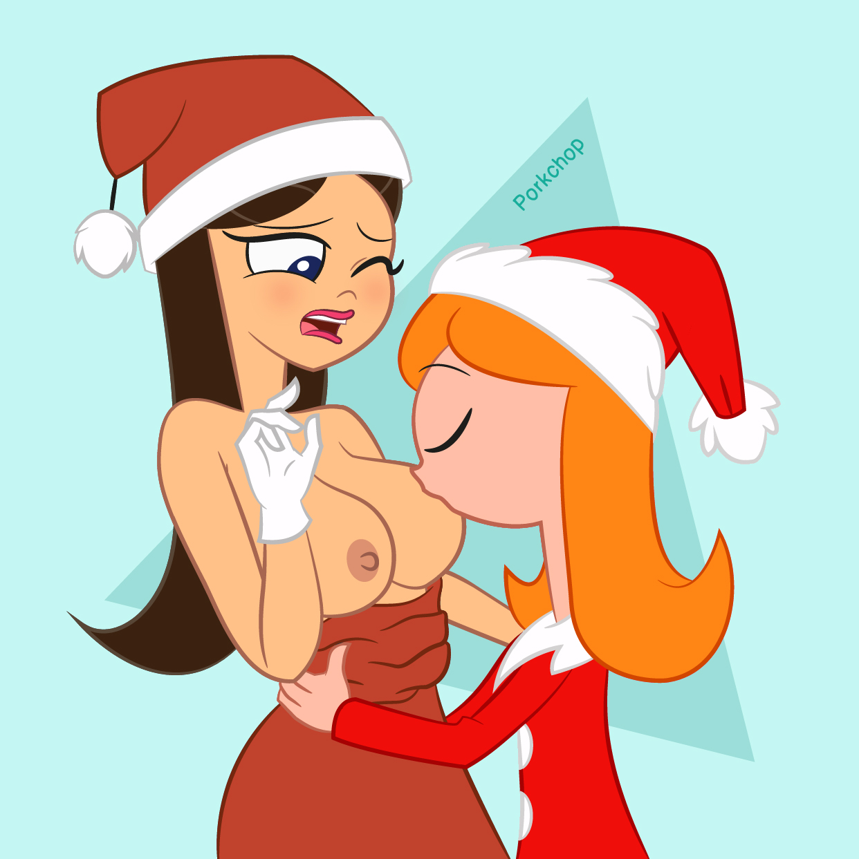 2girls, big breasts, breast sucking, breasts, brown hair, candace flynn, christmas, christmas outfit, disney, disney channel, disney xd, female, female only, female/female, ginger, long hair, multiple females, multiple girls, nipples, oral, phineas and ferb, porkchop (artist), santa hat, sucking nipples, vanessa doofenshmirtz, white female, yuri