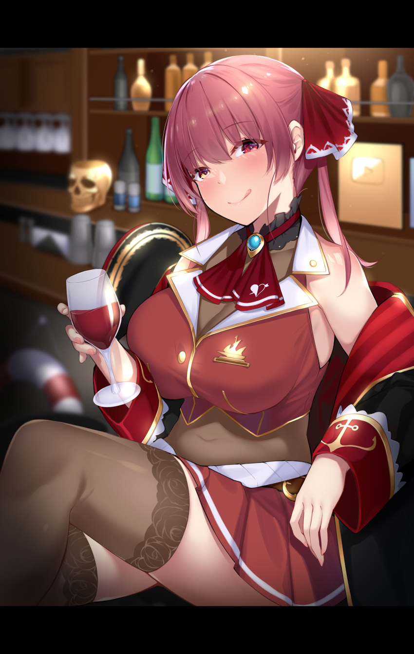 1girls bangs bare_shoulders big_breasts blurred_background blurry_background blush blushing choker dean different_eye_color female female_only hair_ribbon heterochromia hololive hololive_fantasy hololive_japan houshou_marine jacket jacket_partially_removed legs_crossed licking_lips looking_at_viewer pink_hair red_eyes see-through see-through_clothing sitting slight_smile smirk solo suggestive_look tagme thighhighs tongue_out twintails virtual_youtuber wine wine_glass yellow_eyes