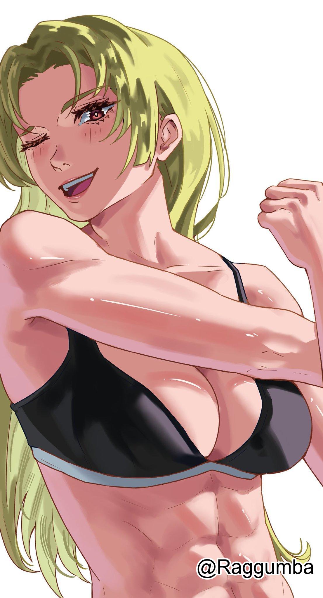 1girls, 2d, 2d (artwork), 2d artwork, abs, adult, adult female, almost naked, almost nude, bare arms, bare belly, bare chest, bare hands, bare midriff, bare navel, bare shoulders, bare skin, belly, black bra, black underwear, blonde eyebrows, blonde female, blonde hair, blonde hair female, blonde-haired female, blush, blush face, blushing at viewer, blushing female, blushing lines, bra, breasts, brown eyes, brown-eyed female, busty, busty female, busty girl, cleavage, collarbone, digital, digital art, digital drawing, digital drawing (artwork), digital media, digital media (artwork), elbows, exposed arms, exposed belly, exposed chest, exposed midriff, exposed navel, exposed shoulders, exposed skin, eye closed, eyebrows visible through hair, female, female focus, female only, fingers, head tilt, high resolution, highres, jujutsu kaisen, large breasts, lean figure, lips, long hair, looking at viewer, mature, mature female, midriff, mostly nude, muscular, muscular female, naked, naked female, naked woman, narrow waist, nearly nude, nude, nude female, nudity, one eye closed, one eye open, one-eye closed, open mouth, open mouth smile, parted bangs, parted lips, posing, posing for the viewer, posing naked, posing nude, practically nude, raggumba, shoulders, simple background, slender body, slender waist, slim waist, smile, smiley face, smiling, smiling at viewer, solo, standing, stomach, stretching arms, tilted head, tongue, underwear, upper body, upper teeth, white background, yuki tsukumo