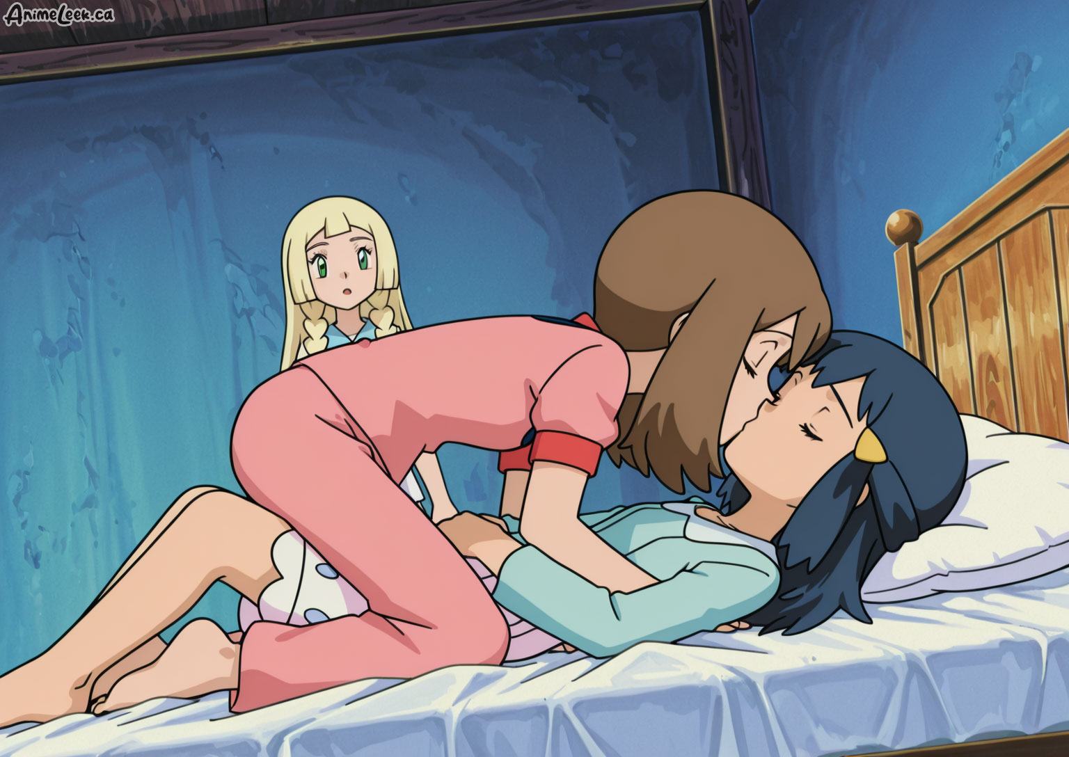3girls, ai generated, anime leek, dawn (pokemon), lillie (pokemon), may (pokemon), pokemon, pyjamas, threesome, yuri