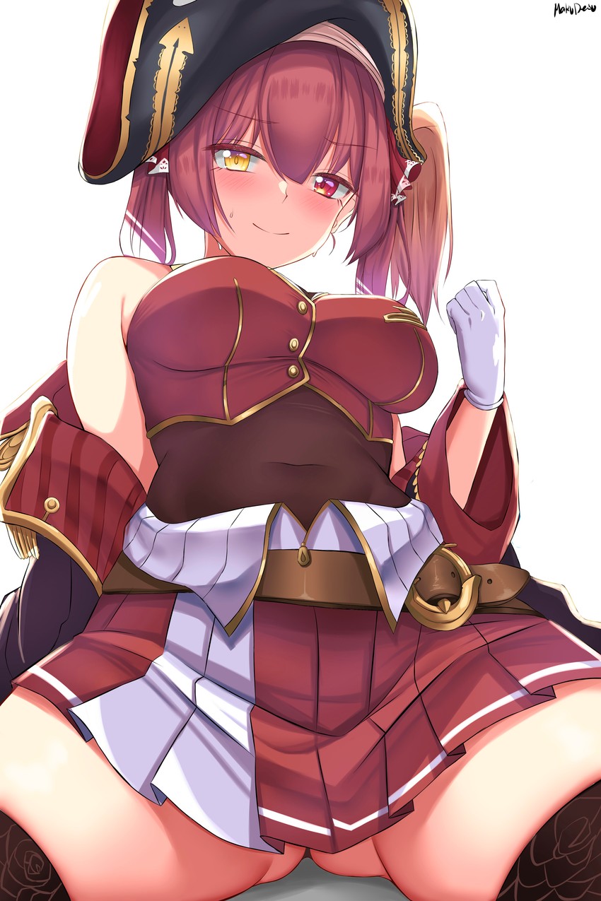 bangs, bare shoulders, big breasts, blush, blushing, breasts, different eye color, female, hair ribbon, heterochromia, hololive, hololive fantasy, hololive japan, houshou marine, jacket, jacket partially removed, makudesu, pink hair, pirate, red eyes, see-through, see-through clothing, sitting, slight smile, smile, smiling, solo female, tagme, thighhighs, thighs, twintails, virtual youtuber, white background, white gloves, yellow eyes