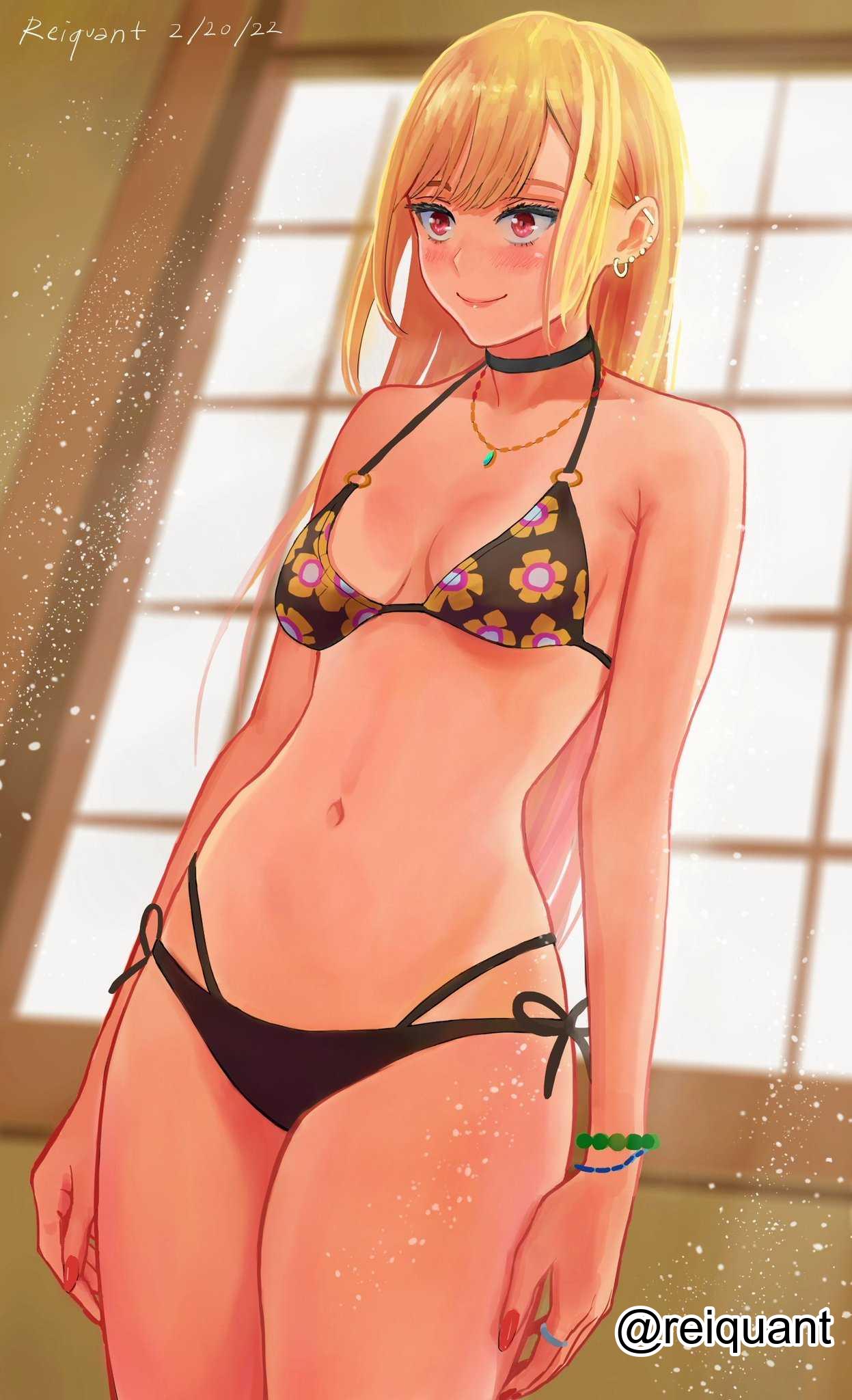 1girls, 2d, 2d (artwork), 2d artwork, bare arms, bare belly, bare chest, bare hands, bare hips, bare legs, bare midriff, bare navel, bare shoulders, bare skin, bare thighs, belly, belly button, bikini, bikini bottom, bikini only, bikini top, black bikini, black bikini bottom, black bikini top, black choker, black swimsuit, black swimwear, blonde female, blonde hair, blonde hair female, blonde-haired female, blurred background, blurry background, blush, blush face, blushing female, breasts, busty, busty female, busty teen, choker, closed mouth smile, collarbone, curvaceous, curvaceous body, curvaceous female, curvaceous figure, curvaceous hips, curvaceous teen, curvy, curvy body, curvy female, curvy figure, curvy hips, curvy teen, digital, digital art, digital drawing, digital drawing (artwork), digital media, digital media (artwork), ear piercing, ear piercings, earrings, exposed arms, exposed belly, exposed chest, exposed hips, exposed legs, exposed midriff, exposed navel, exposed shoulders, exposed skin, exposed thighs, female, female focus, female only, female torso, fingernails, fingers, groin, gyaru, half naked, half nude, halterneck, high resolution, high school student, highres, hourglass figure, indoor, indoor nudity, indoors, kitagawa marin, lean figure, long hair, medium breasts, midriff, nail polish, nails, naked, naked female, naked woman, narrow waist, navel, necklace, nude, nude female, nudity, petite, petite body, petite breasts, petite female, petite girl, petite tits, pierced ear, pierced ears, pink fingernails, pink nail polish, pink nails, red eyes, red-eyed female, reiquant, school girl, semi nude, shoulders, side-tie bikini, slender body, slender waist, slim waist, smile, smiley face, smiling, solo, sono bisque doll wa koi wo suru, standing, string bikini, swimsuit, swimwear, teen girl, teenage girl, teenager, thick thighs, thighs, upper body, wide hips, young female, young woman