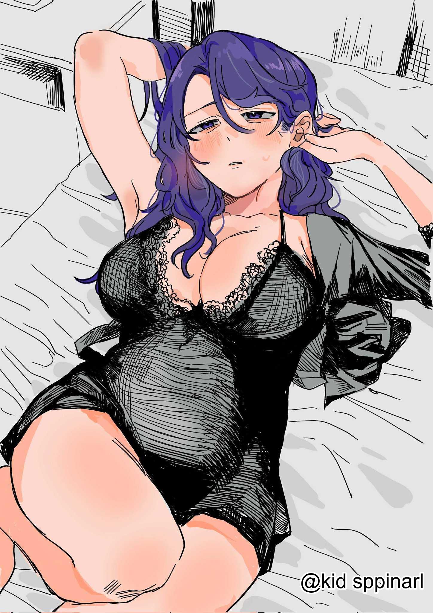 1girls, 2d, 2d (artwork), 2d artwork, adult, adult female, anime milf, arm behind head, armpit, armpit crease, armpit peek, armpits, asahina mafuyu's mother, babydoll, bed, bed sheet, bewitching thighs, big breasts, black babydoll, black camisole, blush, blush face, blushing female, blushing lines, breasts, busty, busty female, busty girl, busty milf, camisole, child bearing hips, cleavage, collarbone, curvy milf, digital, digital art, digital drawing, digital drawing (artwork), digital media, digital media (artwork), elbows, female, female focus, female only, fertile hips, fingers, hairless armpits, half-closed eyes, hand behind head, head tilt, high resolution, highres, hot milf, indoor, indoors, kid sppinarl, knee up, knees, large boobs, large breasts, legs, long hair, looking at viewer, lying, lying down, lying on back, lying on bed, mature, mature female, milf, mother, on back, on bed, parted bangs, pillow, presenting armpit, project sekai, purple eyebrows, purple eyes, purple hair, purple-eyed female, purple-haired female, shaved armpits, shoulders, slightly chubby, slightly chubby female, solo, thick thighs, thighs, tilted head, wavy hair, white bed, white bed sheet, white pillow, wide hips