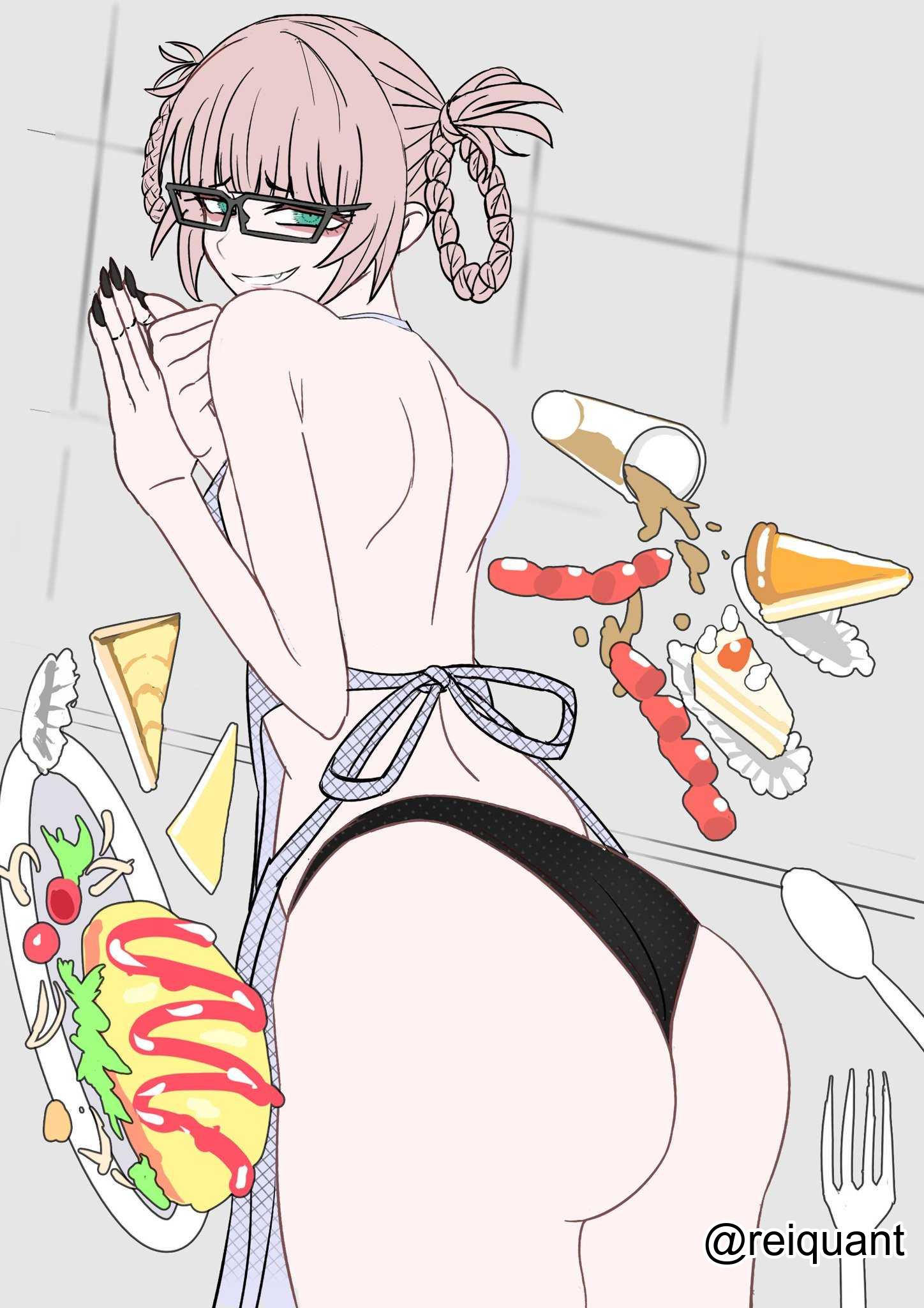 1girls, 2d, 2d (artwork), 2d artwork, adult, adult female, almost naked, almost nude, apron, ass, ass cleavage, ass crack, back, black panties, black thong, black underwear, blunt bangs, braid, braided hair, braided pigtails, braids, brown eyebrows, brown hair, brown-haired female, cake, call of the night, curvaceous, curvaceous ass, curvaceous body, curvaceous female, curvaceous figure, curvaceous hips, curvy, curvy ass, curvy body, curvy female, curvy figure, curvy hips, digital, digital art, digital drawing, digital drawing (artwork), digital media, digital media (artwork), elbows, female, female focus, female only, fingernails, fingers, glasses, glasses on face, glasses on head, gluteal fold, green eyes, green-eyed female, grin, grinning, grinning at viewer, head tilt, high resolution, highres, lean figure, looking at viewer, looking back, looking back at viewer, mature, mature female, median furrow, mostly nude, nail polish, nails, naked, naked female, naked woman, nanakusa nazuna, narrow waist, nearly nude, nude, nude female, nudity, panties, parted lips, pear-shaped figure, practically nude, rectangular glasses, reiquant, short hair, shoulder blades, shoulders, simple background, slender body, slender waist, slim waist, smile, smiley face, smiling, smiling at viewer, solo, standing, thick ass, thick butt, thick thighs, thighs, thong, tilted head, twin braids, underwear, upper body, vampire, vampire girl, wide hips, yofukashi no uta