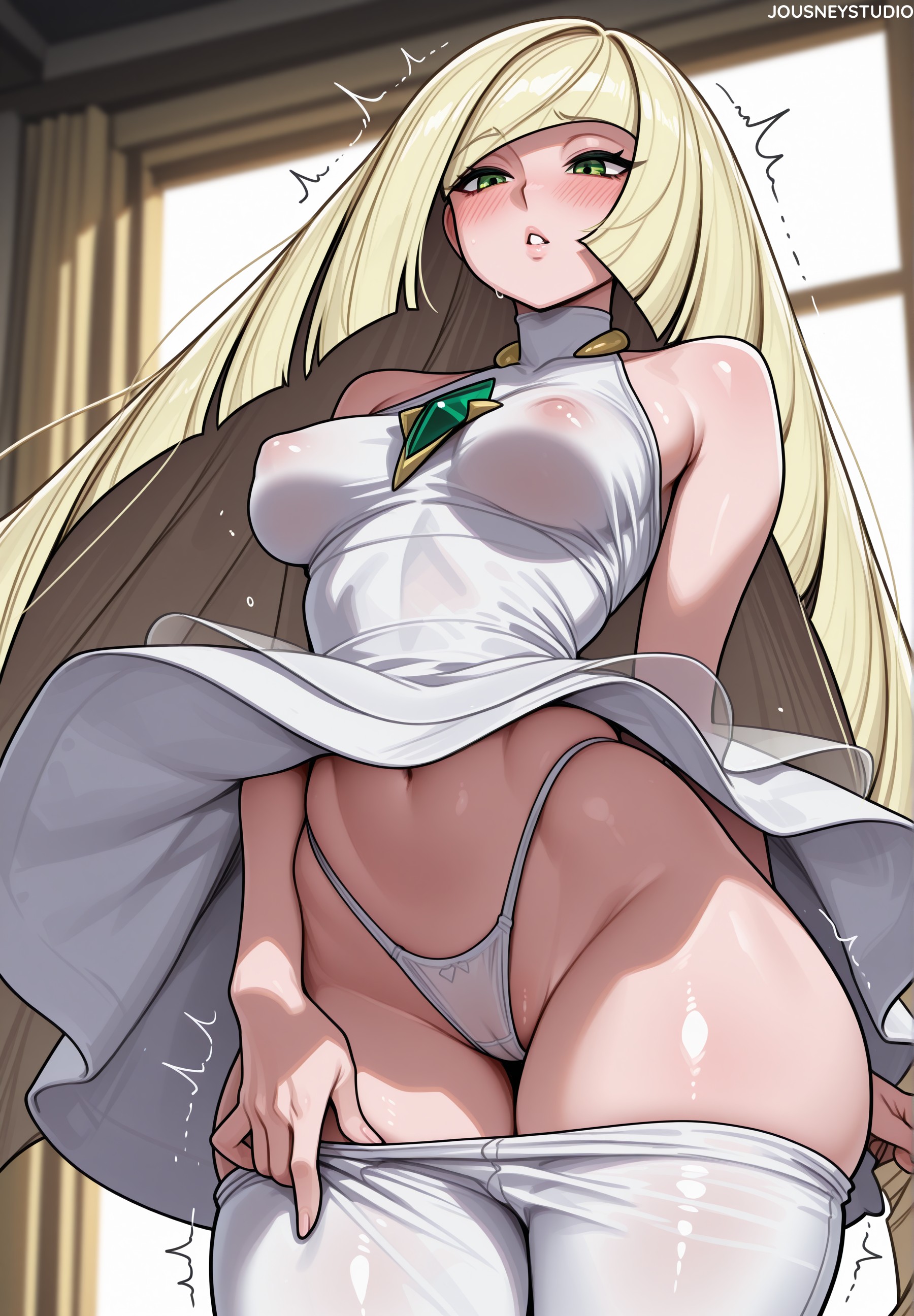 aether foundation, ai generated, alternate breast size, bangs, bare shoulders, blonde hair, blush, breasts, cameltoe, clothes lift, clothes pull, clothing, covered nipples, curvaceous, diagonal bangs, dress, female, female only, game freak, gem, green eyes, green gemstone, highleg, highleg panties, indoors, jousneystudio, large breasts, long hair, looking at viewer, looking down, lusamine, lusamine (pokemon), mature, mature female, medium breasts, navel, nintendo, nipples, panties, pants pull, pantsu, pantyhose, pantyhose pull, parted lips, patreon username, pokemon, pokemon sm, pulled by self, see-through, shiny skin, sleeveless, sleeveless dress, solo, standing, stomach, sweat, thick thighs, thighs, thong, trembling, underwear, very long hair, web address, white dress, white panties, white pantyhose, white underwear, wide hips, window