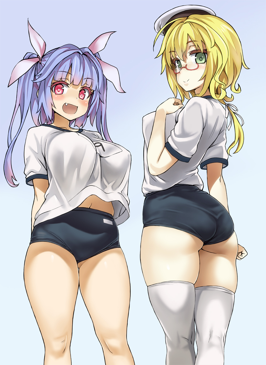 2girls :d ahoge arms_behind_back asanagi ass blonde_hair blush breasts buruma collarbone covered_nipples crop_top crop_top_overhang from_behind glasses green_eyes gym_uniform hair_intakes hair_ribbon hand_on_own_chest hat i-19_(kantai_collection) i-8_(kantai_collection) kantai_collection kneepits large_breasts light_purple_hair long_hair looking_back multiple_girls name_tag navel no_bra oerba_yun_fang open_mouth pink_eyes red-framed_eyewear ribbon sailor_hat semi-rimless_eyewear shirt short_sleeves smile star-shaped_pupils star_(symbol) symbol-shaped_pupils thighhighs twintails under-rim_eyewear white_legwear white_ribbon