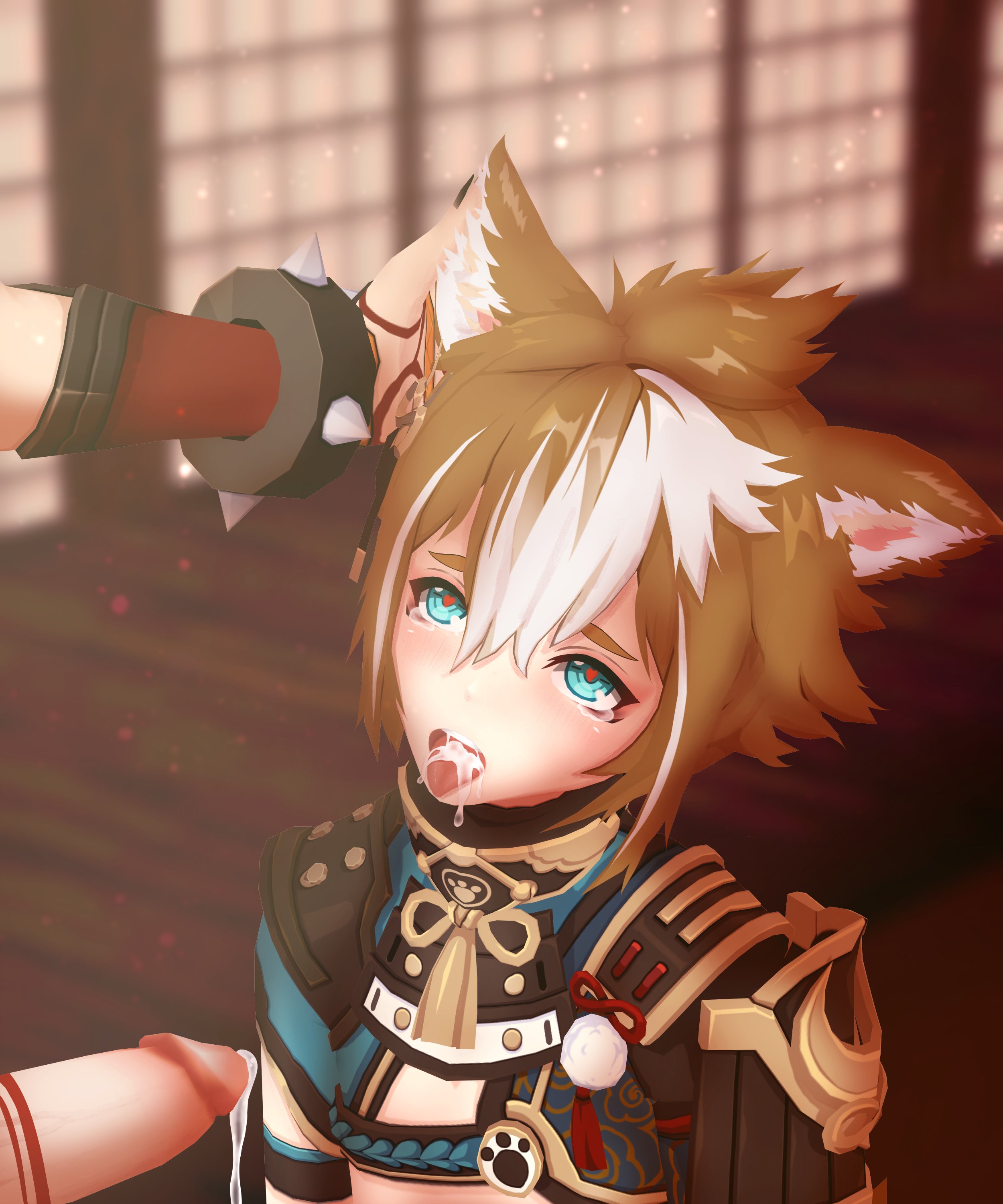3d, animal ears, arataki itto, clothed, cum, cum in mouth, dick, dog boy, dog ears, femboy, gay, genshin impact, gorou (genshin impact), heart-shaped pupils, male, male only, male/male, open mouth, penis, taidainu, uncensored, yaoi