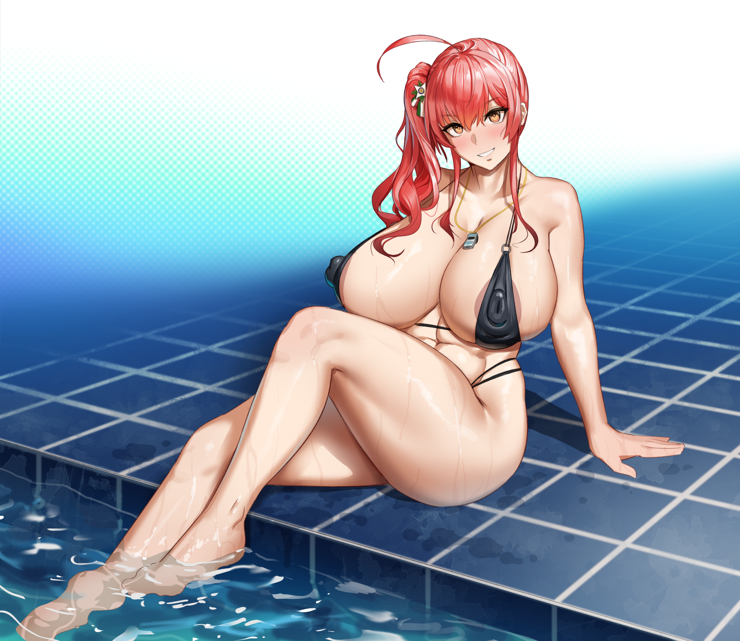 1girls, 2021, ahoge, alternate version available, areola slip, areolae, azur lane, bikini, black bikini, blush, breasts, erect nipples, erect nipples under clothes, feet in water, female, female only, hair ornament, hi res, huge breasts, kunaboto, large areolae, long legs, looking at viewer, medium hair, nipples, orange eyes, pool, poolside, puffy nipples, red hair, side ponytail, sitting, smile, solo, venus body, very high resolution, water, wet, yellow eyes, zara (azur lane), zara (poolside coincidence) (azur lane)