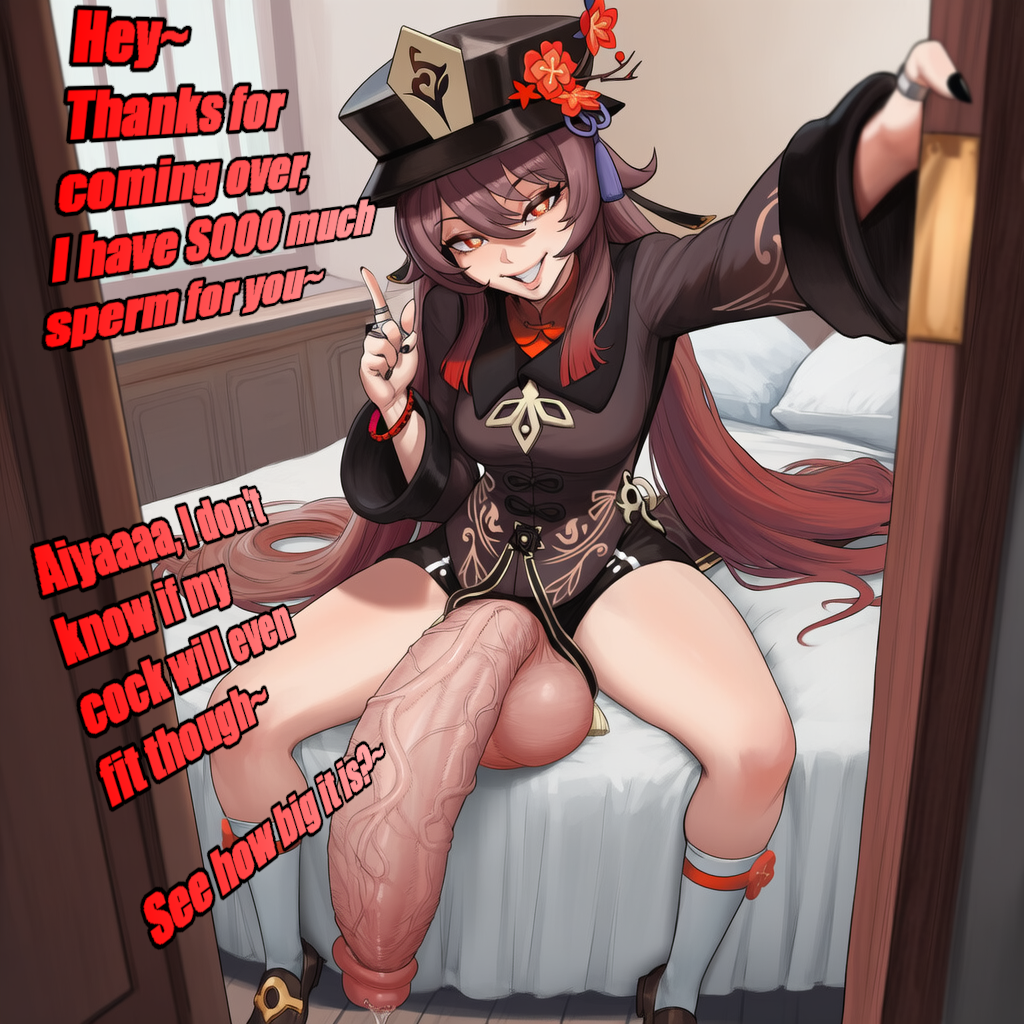 1futa, ai generated, balls, big balls, big penis, big testicles, breasts, english text, futa only, futadom, futanari, genshin impact, hu tao (genshin impact), huge balls, huge cock, huge testicles, imminent sex, large breasts, large cock, large testicles, light-skinned futa, noobygen, penis, smile, solo, text, veiny penis, wardrobe malfunction
