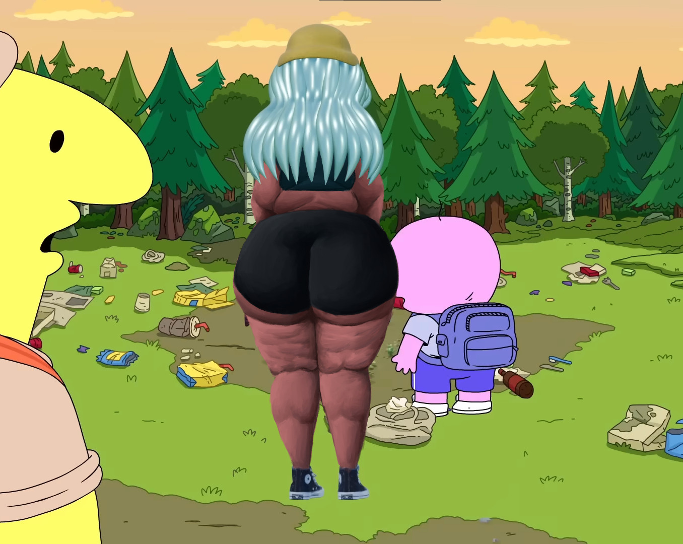 1girls, ass, big ass, charlie (smiling friends), charlie dompler, chubby, chubby female, dolly dimpley, fat ass, female, forest, forest background, giant ass, gigantic ass, huge ass, large ass, overweight, overweight female, pim (smiling friends), pim pimling, screencap, screenshot edit, smiling friends, smiling friends self inserts, sykotikfuckerr, voluptuous ass, what, what the fuck is this