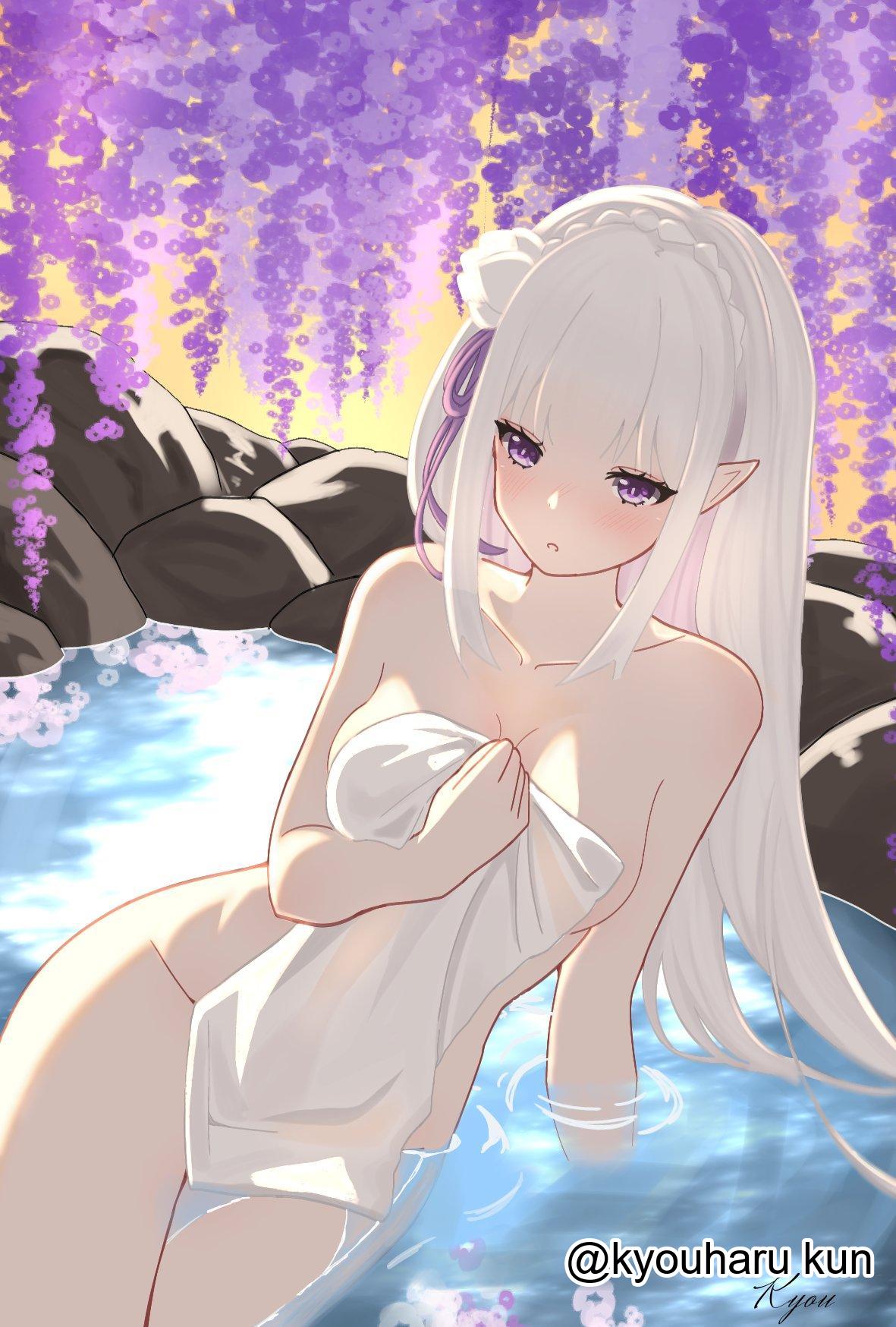 1girls, 2d, 2d (artwork), 2d artwork, bare arms, bare chest, bare hands, bare hips, bare legs, bare shoulders, bare skin, bare thighs, bath, bathing, bathing outside, bathwater, breasts, busty, busty female, busty girl, cleavage, collarbone, covering breasts, curvaceous, curvaceous body, curvaceous female, curvaceous figure, curvaceous hips, curvy, curvy body, curvy female, curvy figure, curvy hips, digital, digital art, digital drawing, digital drawing (artwork), digital media, digital media (artwork), elbows, elf, elf ears, elf female, emilia (re:zero), exposed arms, exposed chest, exposed hips, exposed legs, exposed shoulders, exposed skin, exposed thighs, female, female focus, female only, fingers, flower, flower hair ornament, flower in hair, flower on head, hair ornament, hair ribbon, hair tie, half submerged, head tilt, high resolution, highres, hips, holding towel, hot spring, hourglass figure, in bath, kyouharu kun, large breasts, lean figure, legs, legs closed, legs together, long hair, looking at viewer, naked, naked female, naked towel, narrow waist, nude, nude female, onsen, outdoor bath, outdoor bathing, pale skin, pale-skinned female, partially submerged, partially submerged legs, pointy ears, purple eyes, purple hair ribbon, purple hair tie, purple ribbon, purple-eyed female, re:zero kara hajimeru isekai seikatsu, ribbon, shoulders, silver hair, sitting, slender body, slender waist, slim waist, sole female, solo, solo focus, submerged feet, submerged legs, taking a bath, thick thighs, thighs, thighs together, tilted head, towel, towel only, towel over breasts, upper body, washing body, washing self, wet, white eyebrows, white hair, white towel, white-haired female, wide hips