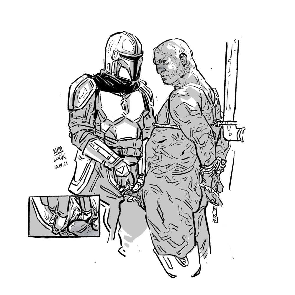 2021 armor ass bald boba_fett cuntboy din_djarin greyscale hands_behind_back hands_tied intersex mandalorian mandalorian_armor mandalorian_helmet monochrome nim-lock_(artist) penis penis_grab questionable_consent restrained restraints scar scars scars_all_over simple_background star_wars the_mandalorian white_background