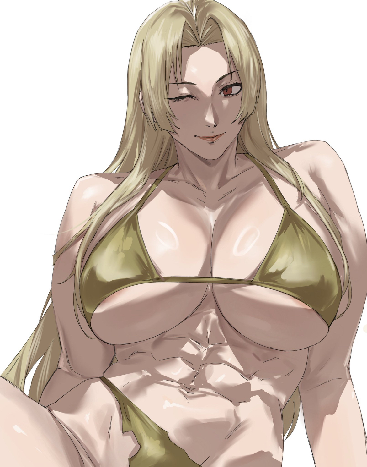 1girls, abs focus, areola slip, athletic, athletic female, big breasts, bikini, bikini top, blonde female, blonde hair, blonde-haired female, breasts bigger than head, brown eyes, female, female abs, female only, fit, fit female, gold bikini, huge breasts, juicy lips, jujutsu kaisen, midriff, muscle mommy, muscles, muscular abs, muscular female, pale-skinned female, pink areola, ripped panties, sexy, sexy body, strong female, taiyang yu, thick, thick body, underboob, wink, winking at viewer, yuki tsukumo
