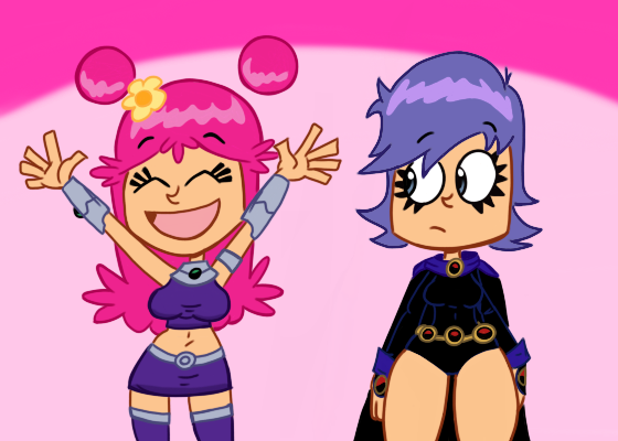 2girls ami_onuki armwear big_breasts blue_hair colored colored_edit edit female_only fully_clothed hi_hi_puffy_amiyumi human legwear neckwear outerwear pink_hair raven_(cosplay) scobionicle99 starfire_(cosplay) tagme thick_thighs wristwear yumi_yoshimura