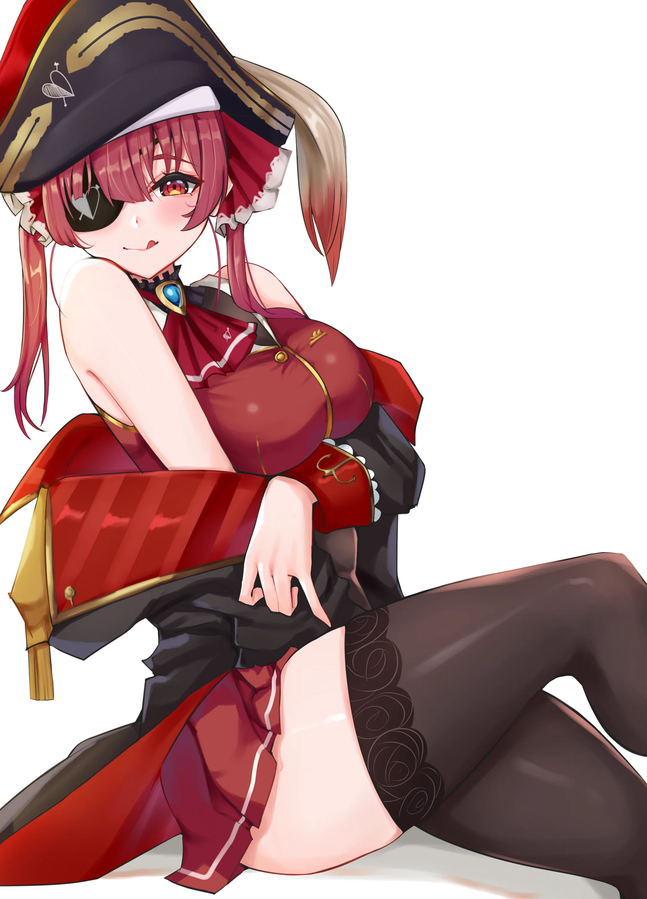 bangs, bare shoulders, big breasts, blush, blushing, breasts, choker, cromwellb, eye patch, female, hair ribbon, hololive, hololive fantasy, hololive japan, houshou marine, jacket, jacket partially removed, large breasts, licking lips, looking at viewer, pink hair, pirate, red eyes, see-through, see-through clothing, slight smile, slq, smile, smiling, smirk, solo female, tagme, thighhighs, tongue, tongue out, twintails, virtual youtuber, white background