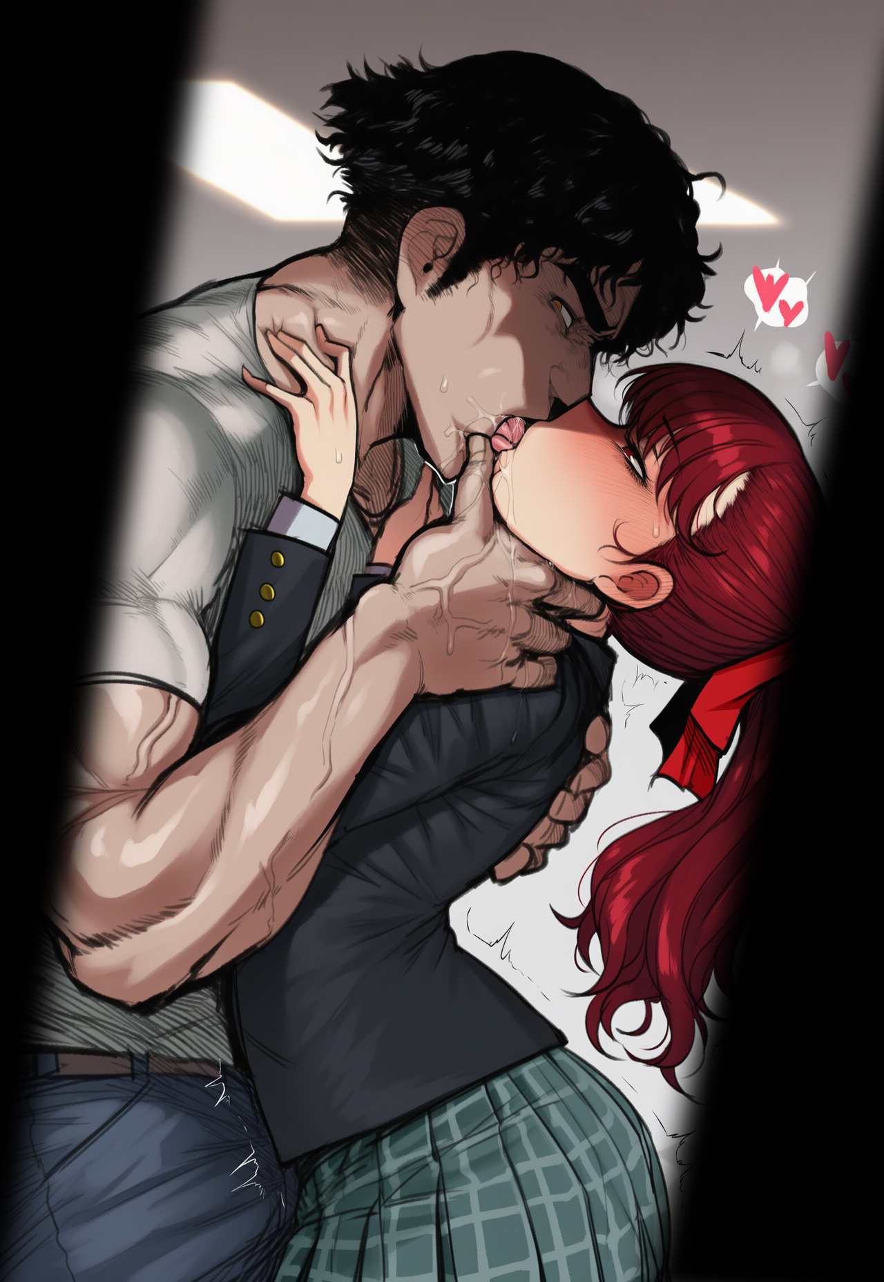 after rape, ai generated, bad end, blush, broken rape victim, captured heroine, corrupted, corruption, drooling, femsub, heart, heart symbol, hidden, jazzifu, kasumi yoshizawa, kissing, looking at viewer, looking through door, mind break, muscles, older male and younger female, persona, persona 5, ponytail, protagonistsub antagonistdom, rape, red hair, suguru kamoshida, sumire yoshizawa, tongue, tongue kiss