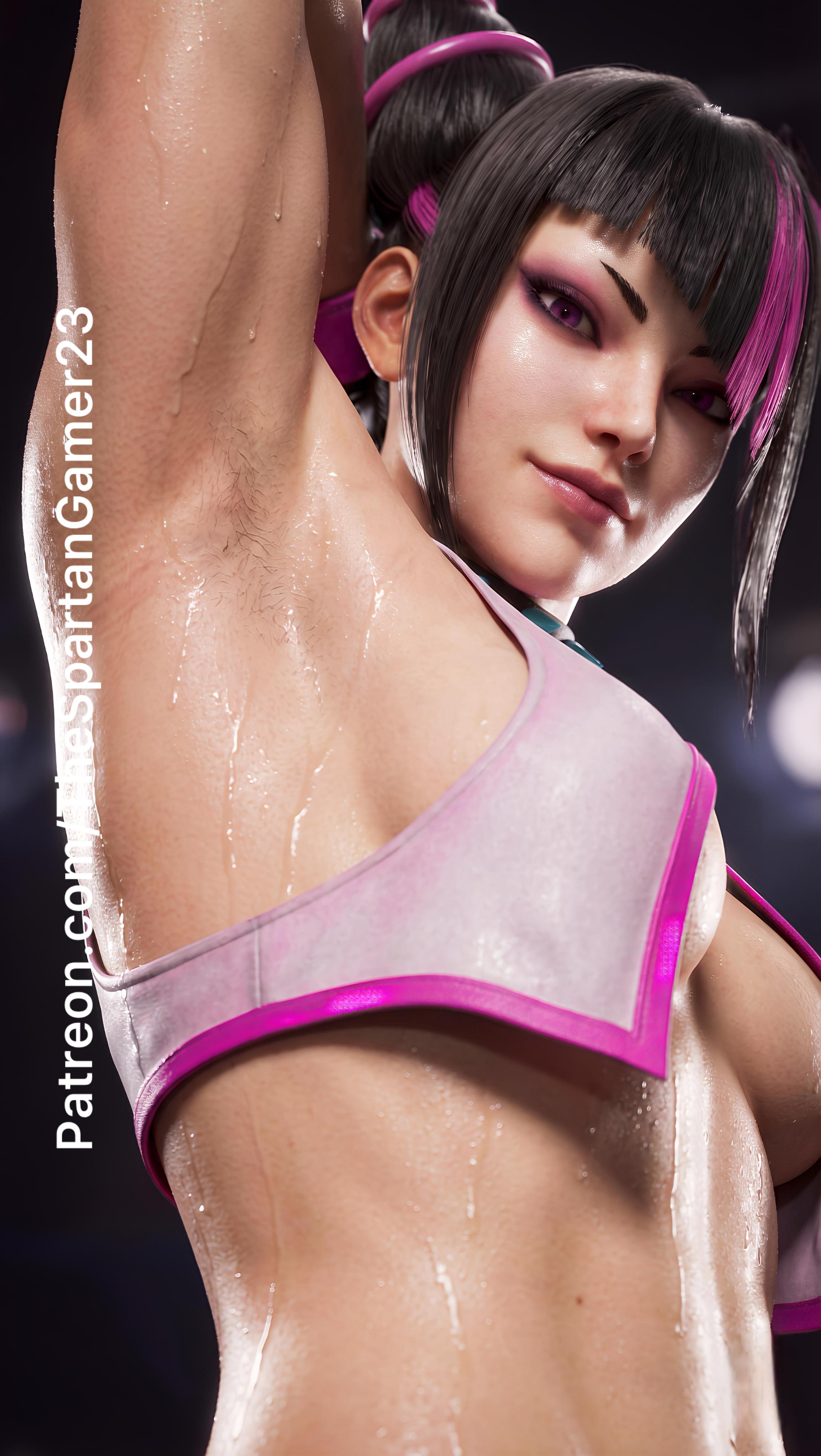  spartan gamer, 1girl, armpit crease, armpit fetish, armpit hair, armpits, arms above head, arms behind head, asian, colored hair, eye contact, eyelashes, eyeliner, eyeshadow, gloves, goth, hair ornament, juri han, lips, looking at viewer, multicolored hair, presenting armpit, pretty, punk, purple eyes, revealing clothes, side view, sideboob, slightly muscular, smug, smug expression, solo, solo focus, spiked bracelet, spiked collar, street fighter, street fighter 6, sweat, sweating, sweaty, sweaty body, sweaty breasts, the spartan gamer, watermark
