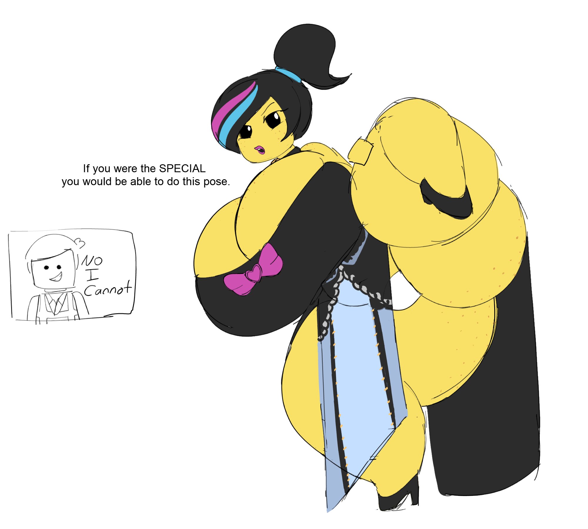 1girls, allagainstyou, black hair, breasts, colored skin, dress, gigantic breasts, huge ass, huge breasts, lego, lifting leg, pose, streaked hair, text, the lego movie, thick thighs, wyldstyle, yellow body, yellow skin