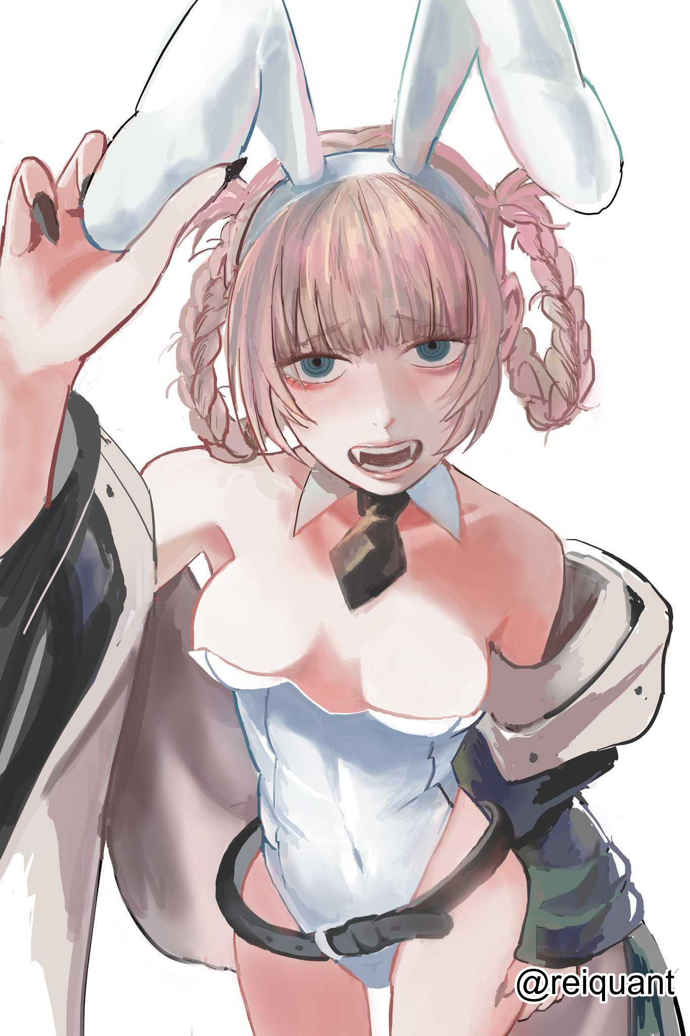1girls, 2d, 2d (artwork), 2d artwork, adult, adult female, armpits, belly button, black coat, black jacket, black necktie, blue eyes, blue-eyed female, blunt bangs, braid, braided hair, braided pigtails, braids, breasts, breasts apart, bunny ears, bunnygirl, bunnygirl outfit, bunnysuit, call of the night, cleavage, coat, collar, collarbone, digital, digital art, digital drawing, digital drawing (artwork), digital media, digital media (artwork), eyebrows visible through hair, female, female focus, female only, fingernails, fingers, from above, grey eyebrows, grey hair, grey-haired female, groin, high resolution, highres, jacket, lean figure, leotard, looking at viewer, looking up, looking up at viewer, mature, mature female, nail polish, nails, nanakusa nazuna, narrow waist, navel, necktie, open coat, open jacket, open mouth, parted lips, petite, petite body, petite breasts, petite female, petite girl, petite tits, reiquant, short hair, shoulders, simple background, slender body, slender waist, slim waist, small breast, small breasts, solo, standing, thigh gap, thighs, tiny breasts, tongue, topwear, twin braids, upper body, upper teeth, vampire, vampire girl, vampire teeth, white background, white bunny ears, white bunnysuit, white collar, white hairband, white leotard, white topwear, wide hips, yofukashi no uta