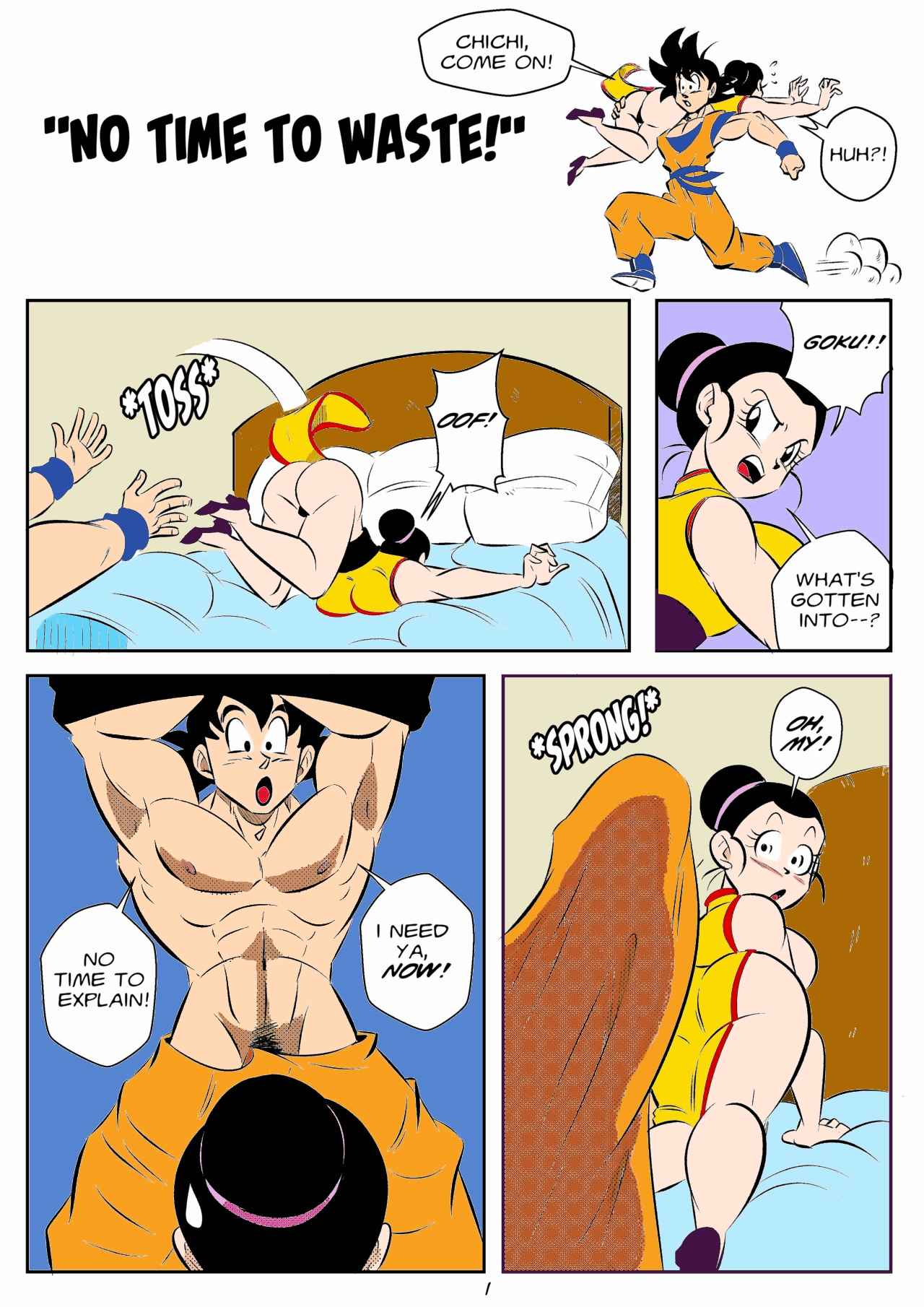 (zerocrow22), chichi, chichi (majin buu saga), curvy female, curvy figure, dragon ball, dragon ball super, erection, funsexydragonball, goku, hurry up, muscular male, shocked, shocked expression, son goku