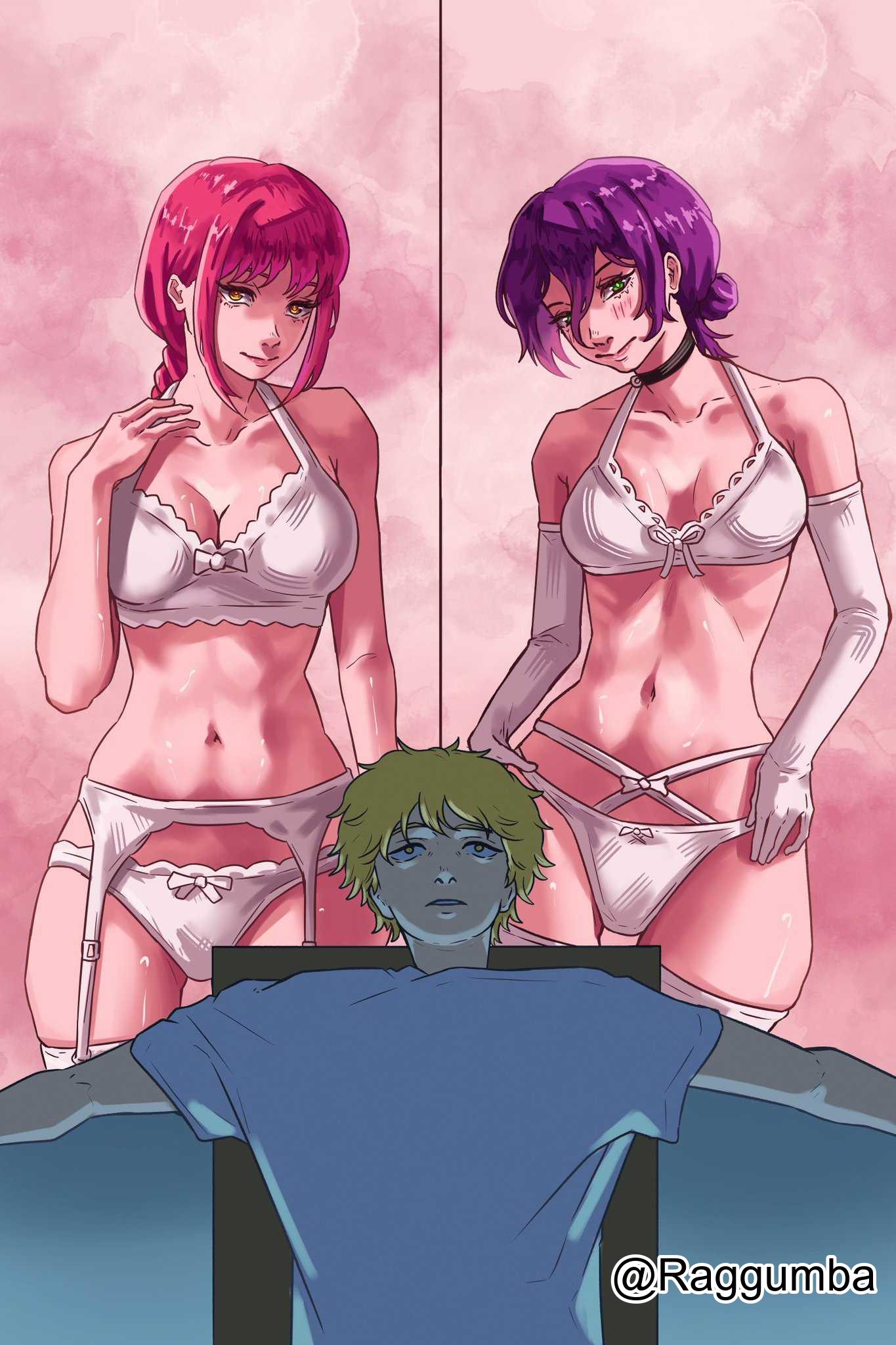 1boy, 1boy1girl, 2d, 2d (artwork), 2d artwork, 2girls, adult, adult female, bare belly, bare chest, bare hips, bare midriff, bare navel, bare shoulders, bare skin, belly, belly button, bewitching thighs, black choker, blonde hair, blonde-haired male, blush, blush face, blushing at viewer, blushing female, blushing lines, bra, braid, braided hair, braided ponytail, breasts, busty, busty female, chainsaw man, child bearing hips, choker, cleavage, closed mouth smile, collarbone, curvaceous, curvaceous body, curvaceous female, curvaceous figure, curvaceous hips, curvy, curvy body, curvy female, curvy figure, curvy hips, denji (chainsaw man), digital, digital art, digital drawing, digital drawing (artwork), digital media, digital media (artwork), elbow gloves, exposed belly, exposed chest, exposed hips, exposed midriff, exposed navel, exposed shoulders, exposed skin, female, female focus, fertile hips, fingers, garter belt, garter straps, gloves, groin, hair between eyes, half naked, half nude, head tilt, high resolution, highres, hip dips, inguinal crease, inguinal ligament, large breasts, lean figure, legwear, light smile, lingerie, lingerie only, long gloves, long hair, looking at viewer, makima (chainsaw man), male, mature, mature female, medium breasts, midriff, multiple females, multiple girls, naked, naked female, naked woman, narrow waist, navel, nude, nude female, nudity, panties, ponytail, posing, posing for the viewer, posing naked, posing nude, raggumba, red hair, red-haired female, reze (chainsaw man), ring eyes, ringed eyes, semi nude, shoulders, sidelocks, simple background, slender body, slender waist, slim waist, smile, smiley face, smiling, smiling at viewer, standing, stockings, straight, take your pick, thick thighs, thigh gap, thigh highs, thighhighs, thighs, tilted head, underwear, underwear only, upper body, white background, white bra, white elbow gloves, white garter belt, white garter straps, white gloves, white legwear, white long gloves, white panties, white stockings, white thigh highs, white thighhighs, white underwear, wide hips, yellow eyes, yellow-eyed female