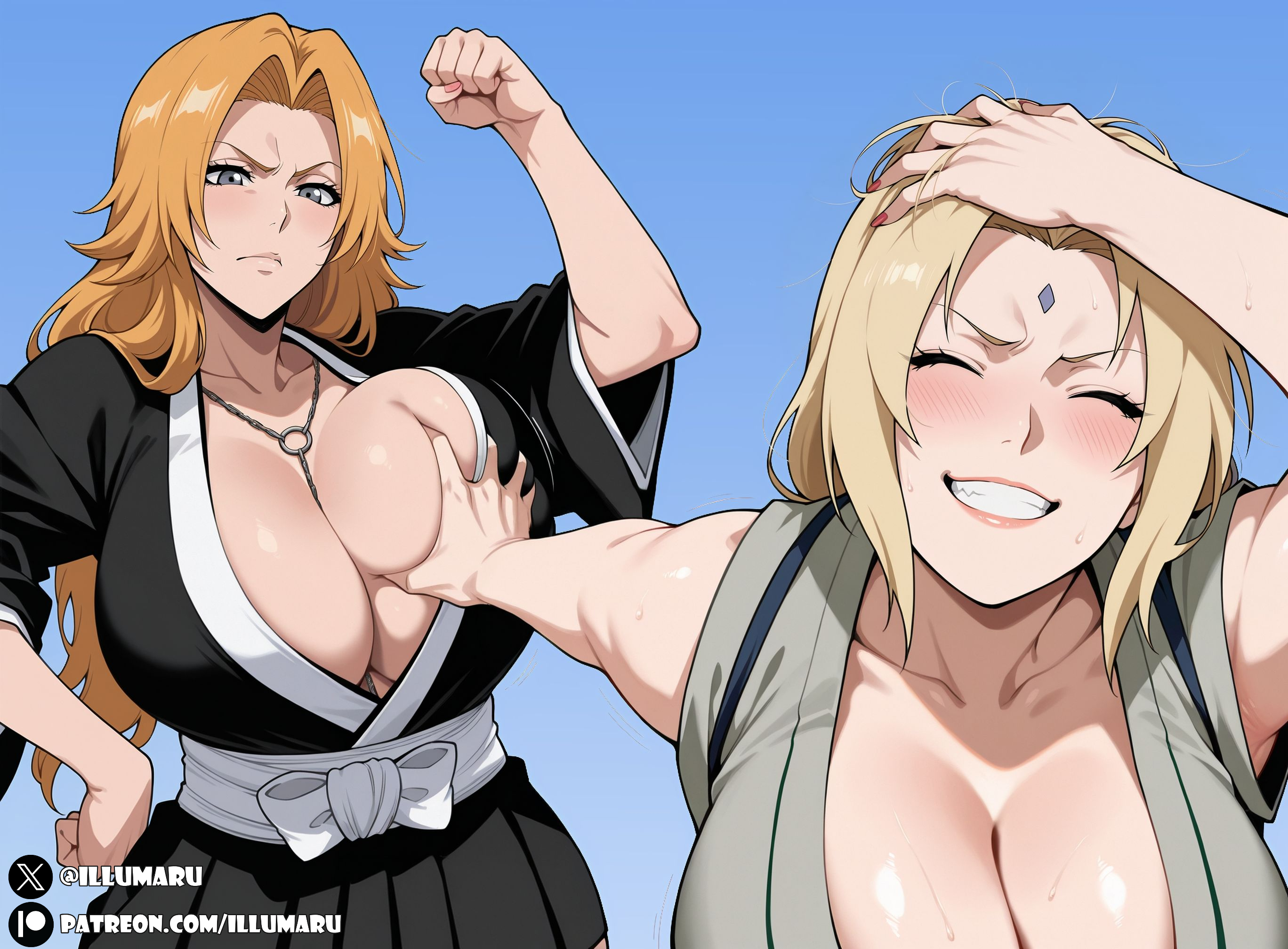 2026, 2girls, ai assisted, ai generated, bed, big breasts, bleach, bleach: the thousand-year blood war, blonde female, blonde hair, breast grab, breasts, breasts touching, closed eyes, completely nude, curvaceous, curvy, curvy body, curvy female, curvy figure, detailed, female, female only, hi res, huge breasts, illumaru, japanese clothes, jujutsu kaisen, jujutsu kaisen reference, kimono, large breasts, matsumoto rangiku, meme, naked, naked female, naoya hair flip, naruto, naruto (series), patreon username, stable diffusion, thick thighs, tsunade, voluptuous, voluptuous female, wide hips, yuri