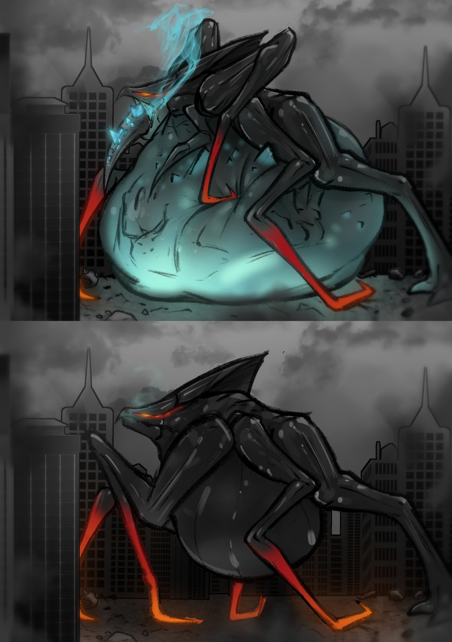bad end, belly, big belly, death, digested, digestion, digestion sequence, digital media (artwork), duo, eviltqf, fatal vore, female, female pred, forced, giant monster, glowing, glowing eyes, glowing insides, godzilla, godzilla (2014), godzilla (series), hi res, hyper, hyper belly, kaiju, male, male prey, male/female, monster, monsterverse, muto (godzilla), open mouth, oral vore, reptile, scalie, solo feral, stomach bulge, tail, toho, unwilling prey, vore, weight gain
