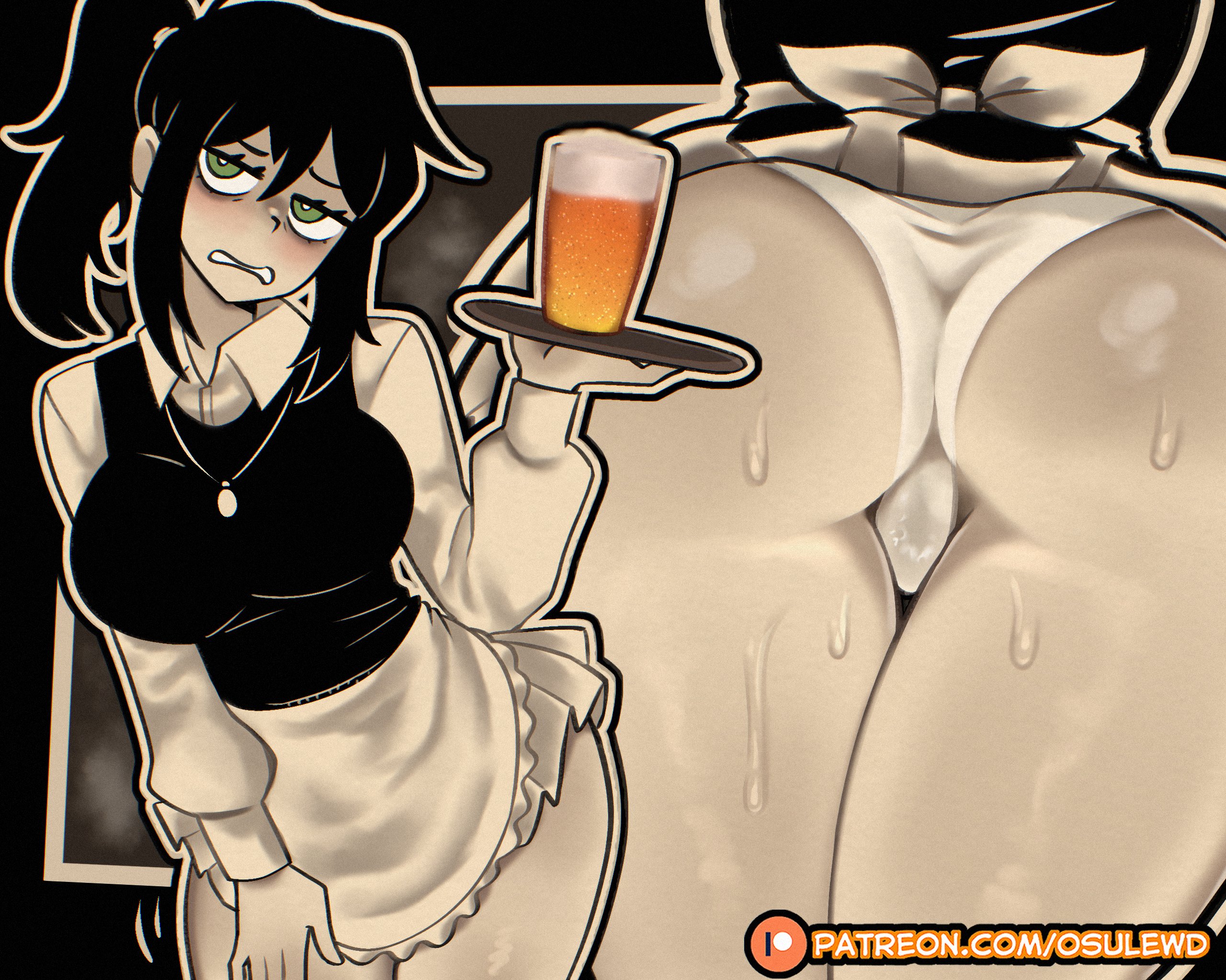 1girls, anus, apron, ass, ass focus, beer, big ass, big breasts, big thighs, black hair, blush, breasts, clothed, clothing, dat ass, dialogue, dumptruck ass, dumptruck butt, female, glass cup, green eyes, holding object, huge ass, huge breasts, huge thighs, milf, mommy, mother, osulan, osulewd, pale skin, pale-skinned female, panties, ponytail, pussy, renee graves, serving, serving drink, skirt, sweat, sweatdrop, sweating, tagme, text, the coffin of andy and leyley, thick thighs, thighs, white panties