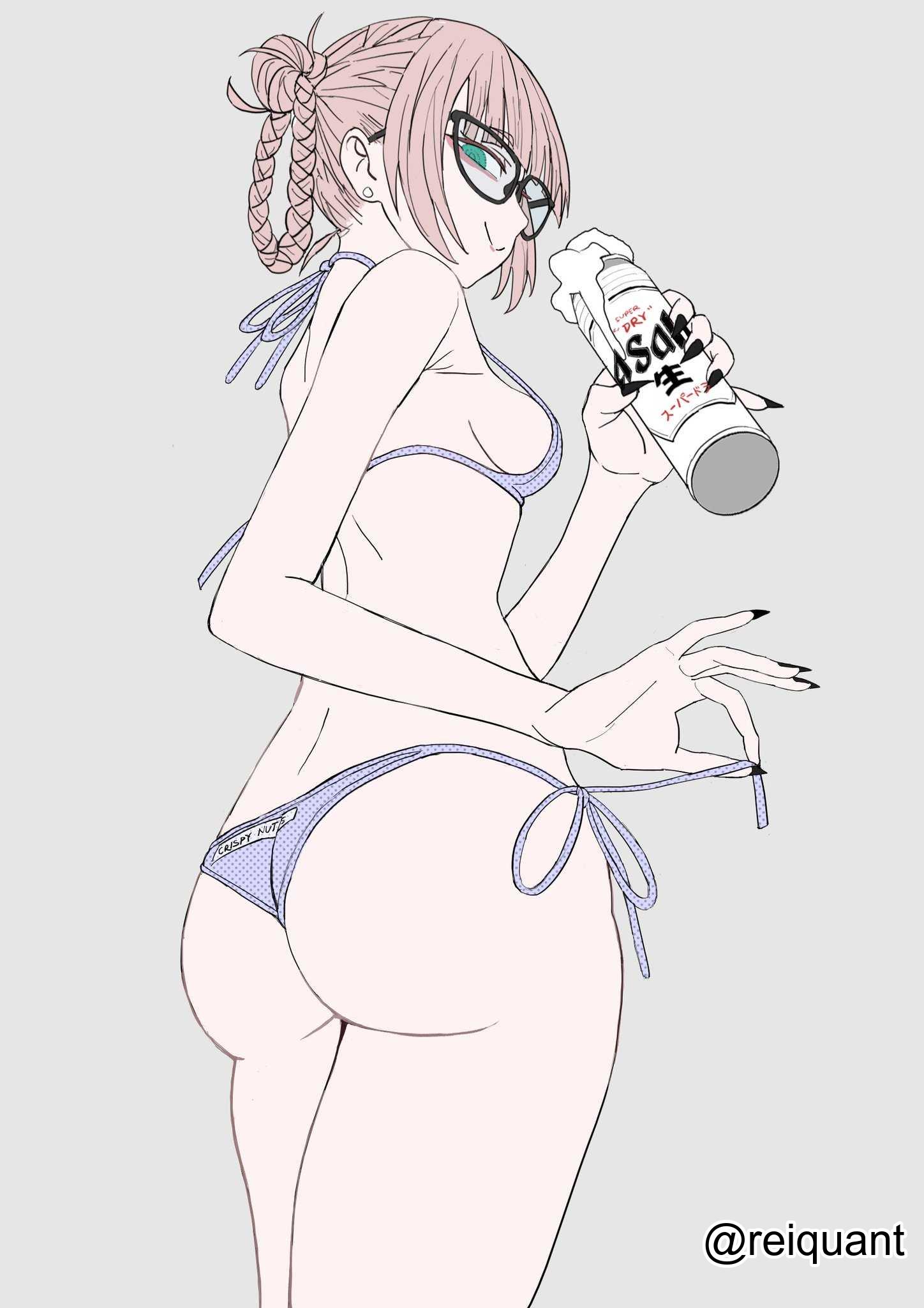 1girls, 2d, 2d (artwork), 2d artwork, adult, adult female, almost naked, almost nude, alternate version at source, alternate version available, ass, ass cleavage, ass crack, back, back-tie bikini, back-tie swimwear, bare arms, bare ass, bare back, bare butt, bare hands, bare hips, bare legs, bare shoulders, bare skin, bare thighs, beer, bikini, bikini bottom, bikini only, bikini top, blue bikini, blue bikini bottom, blue bikini top, blue eyes, blue swimsuit, blue swimwear, blue-eyed female, blunt bangs, braid, braided hair, braided pigtails, braids, breasts, call of the night, closed mouth smile, curvaceous, curvaceous ass, curvaceous body, curvaceous female, curvaceous figure, curvaceous hips, curvy, curvy ass, curvy body, curvy female, curvy figure, curvy hips, digital, digital art, digital drawing, digital drawing (artwork), digital media, digital media (artwork), ear piercing, elbows, exposed arms, exposed ass, exposed back, exposed butt, exposed hips, exposed legs, exposed shoulders, exposed skin, exposed thighs, female, female focus, female only, fingernails, fingers, glasses, glasses on face, glasses on head, gluteal fold, grey background, groin, halterneck, head tilt, high resolution, highres, inframammary fold, lean figure, looking at viewer, looking down, looking down at viewer, mature, mature female, median furrow, more at source, mostly nude, nail polish, nails, naked, naked female, naked woman, nanakusa nazuna, narrow waist, nearly nude, nude, nude female, nudity, petite, petite body, petite breasts, petite female, petite girl, petite tits, pierced ear, practically nude, reiquant, sfw version available, short hair, shoulders, side-tie bikini, sideboob, simple background, slender body, slender waist, slim waist, small breast, small breasts, smile, smiley face, smiling, smiling at viewer, solo, standing, string bikini, swimsuit, swimwear, thick ass, thick butt, thick thighs, thighs, tilted head, tiny breasts, twin braids, underboob, upper body, vampire, vampire girl, wide hips, yofukashi no uta