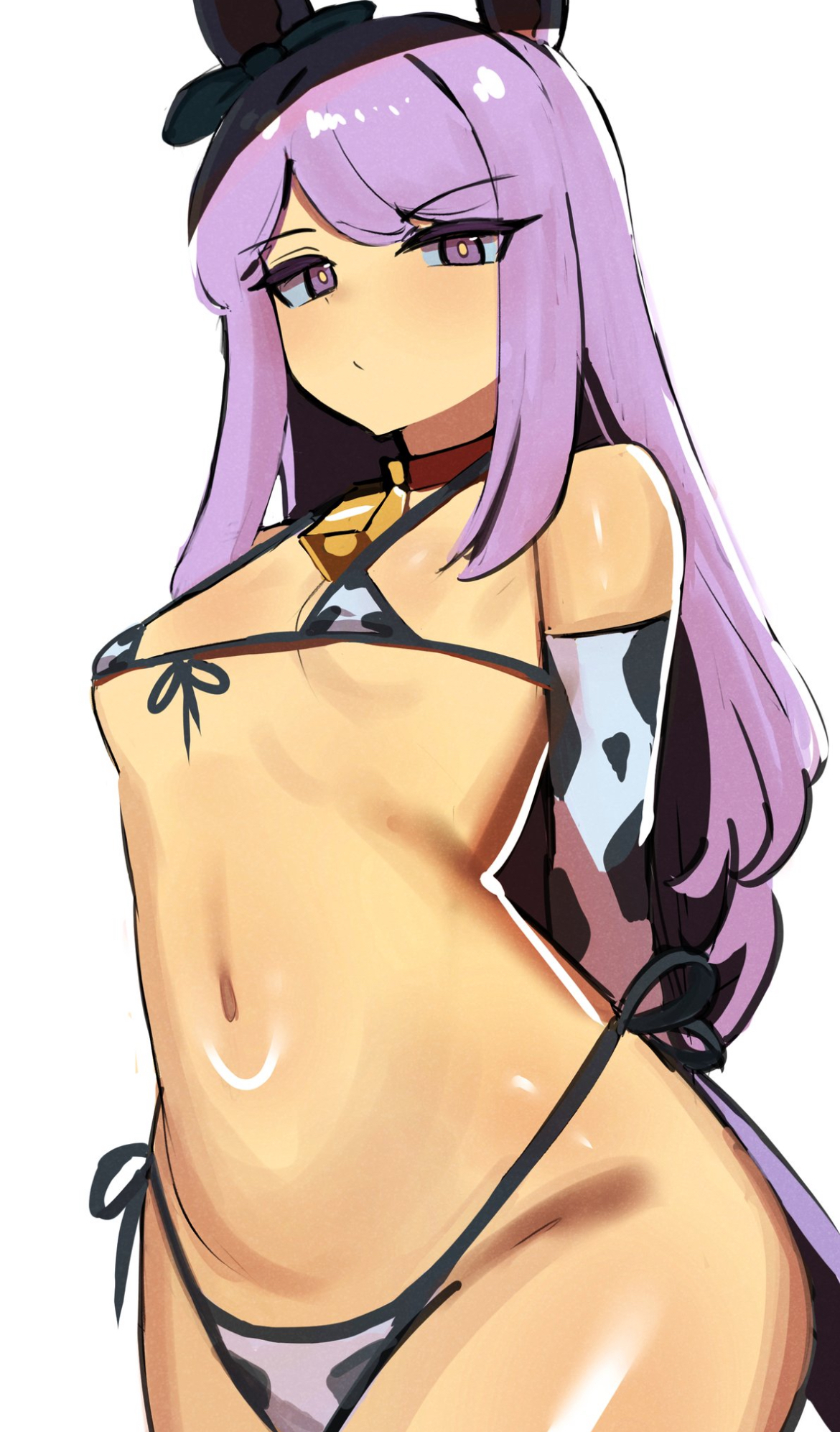 belly, belly button, bikini, bikini only, breasts, cow print, cow print bikini, cowkini, cute, cute face, female, female focus, female only, female torso, flat chest, flat chested, hips, horse, horse ears, horse girl, horse tail, iog626, long hair, mejiro mcqueen (umamusume), purple eyes, purple hair, sexy, sexy body, skinny, skinny female, slender body, small boobs, small breasts, small waist, solo, solo female, solo focus, thighs, tiny breasts, tummy, umamusume, umamusume pretty derby