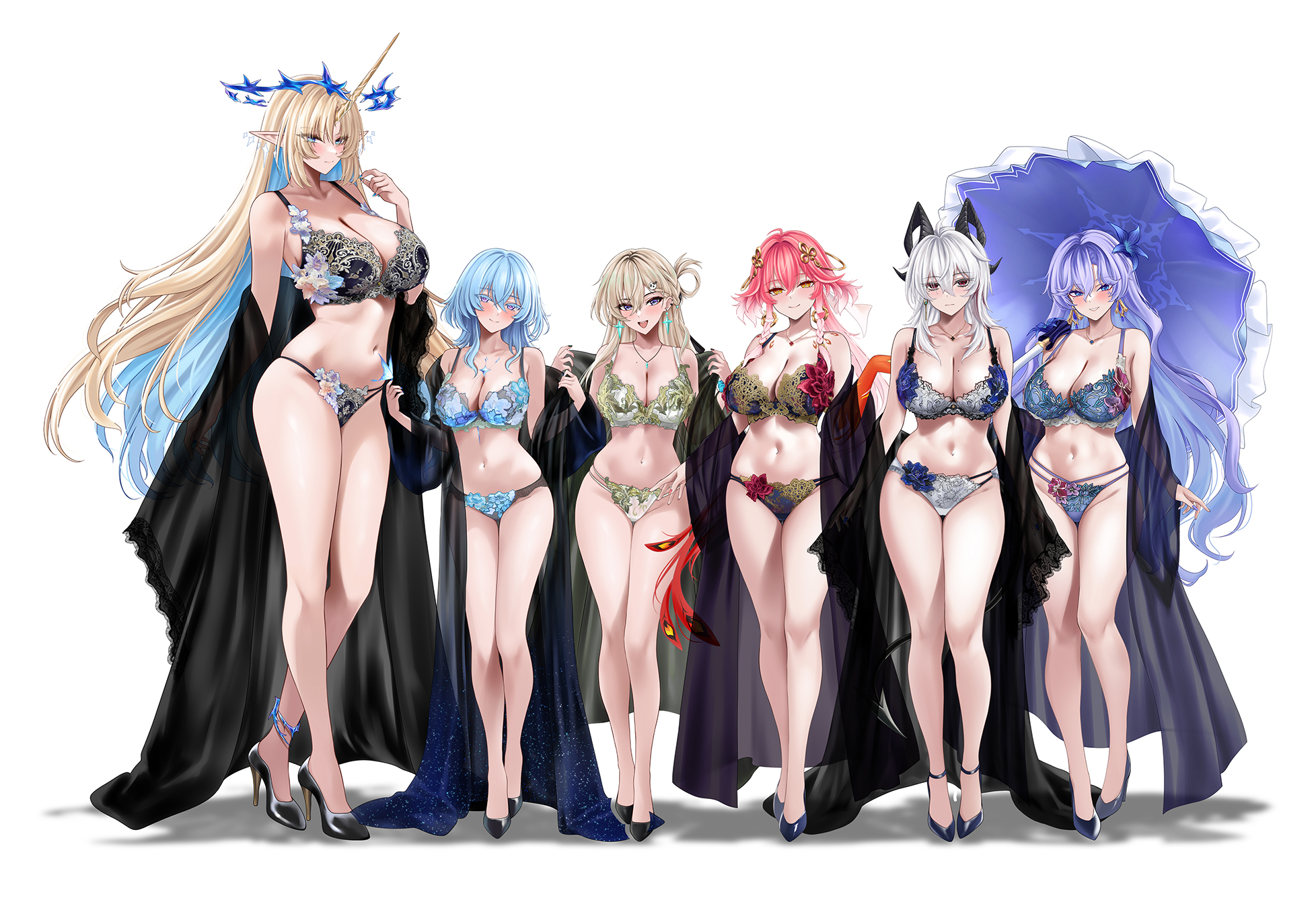 1n910, black swimsuit, blonde female, blonde hair, blonde-haired female, blue hair, blue swimsuit, cantarella (wuthering waves), cape, cartethyia (wuthering waves), changli (wuthering waves), elf ears, female, female only, fleurdelys (wuthering waves), long hair, lynae (wuthering waves), mashu 003, multiple girls, purple hair, red hair, short hair, swimsuit, the shorekeeper (wuthering waves), white background, white hair, white swimsuit, wuthering waves, zani (wuthering waves)
