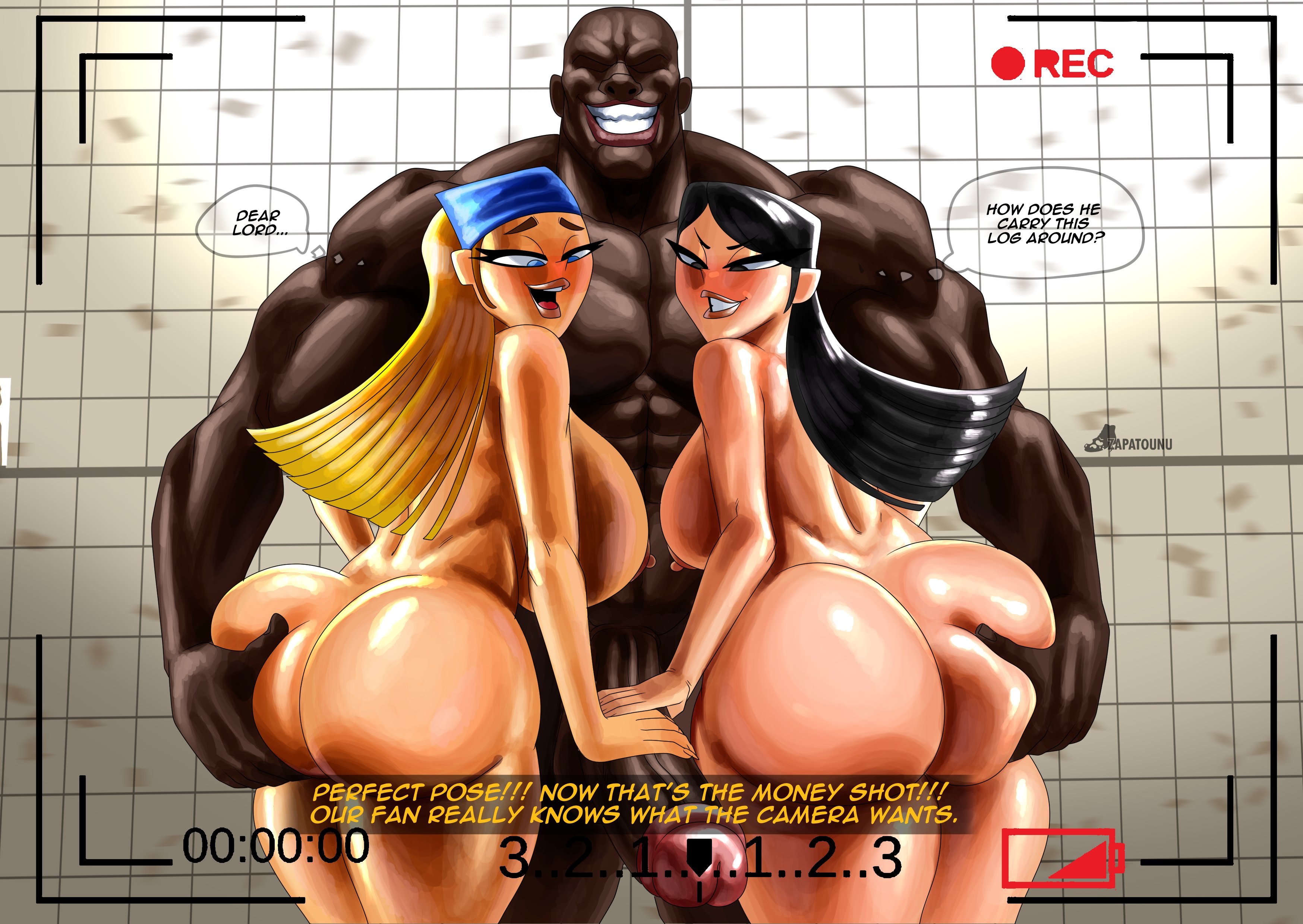 1boy, 2d, 2girls, areolae, ass, ass grab, big ass, big breasts, big penis, biting lip, black hair, blonde female, blonde hair, blue eyes, blushing, breast grab, breasts, camera, cock, completely nude, dark skin, dark-skinned male, english, english text, female, ffm threesome, group, hairy pussy, hand on ass, hand on breast, hand on penis, heather (tdi), hourglass figure, huge breasts, huge cock, imminent sex, interracial, light skin, light-skinned female, lindsay (tdi), lip biting, long fingernails, long hair, long nails, male, male/female, multiple girls, muscular, nipples, nude, penis, penis awe, pubes, pubic hair, recording, shower, slim waist, smile, text, thick thighs, threesome, total drama island, trio, unseen male face, veiny penis, voluptuous, voluptuous female, watermark, zapatounu