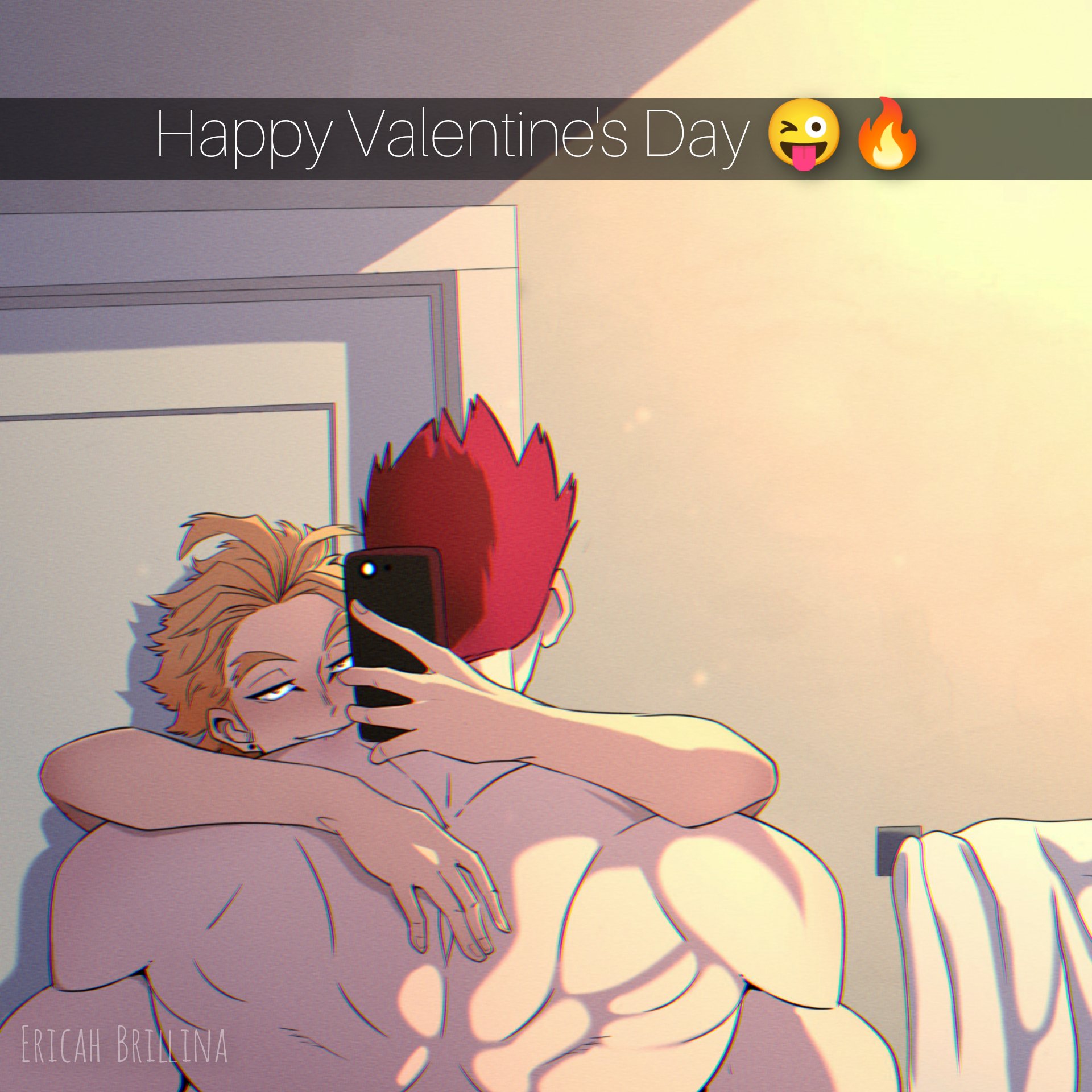 2boys, back, bara, carrying, dilf, endeavor (my hero academia), english text, enji todoroki, ericah brillina, hawks (my hero academia), keigo takami, male, male only, muscular, my hero academia, nude, phone, smile, text, yaoi