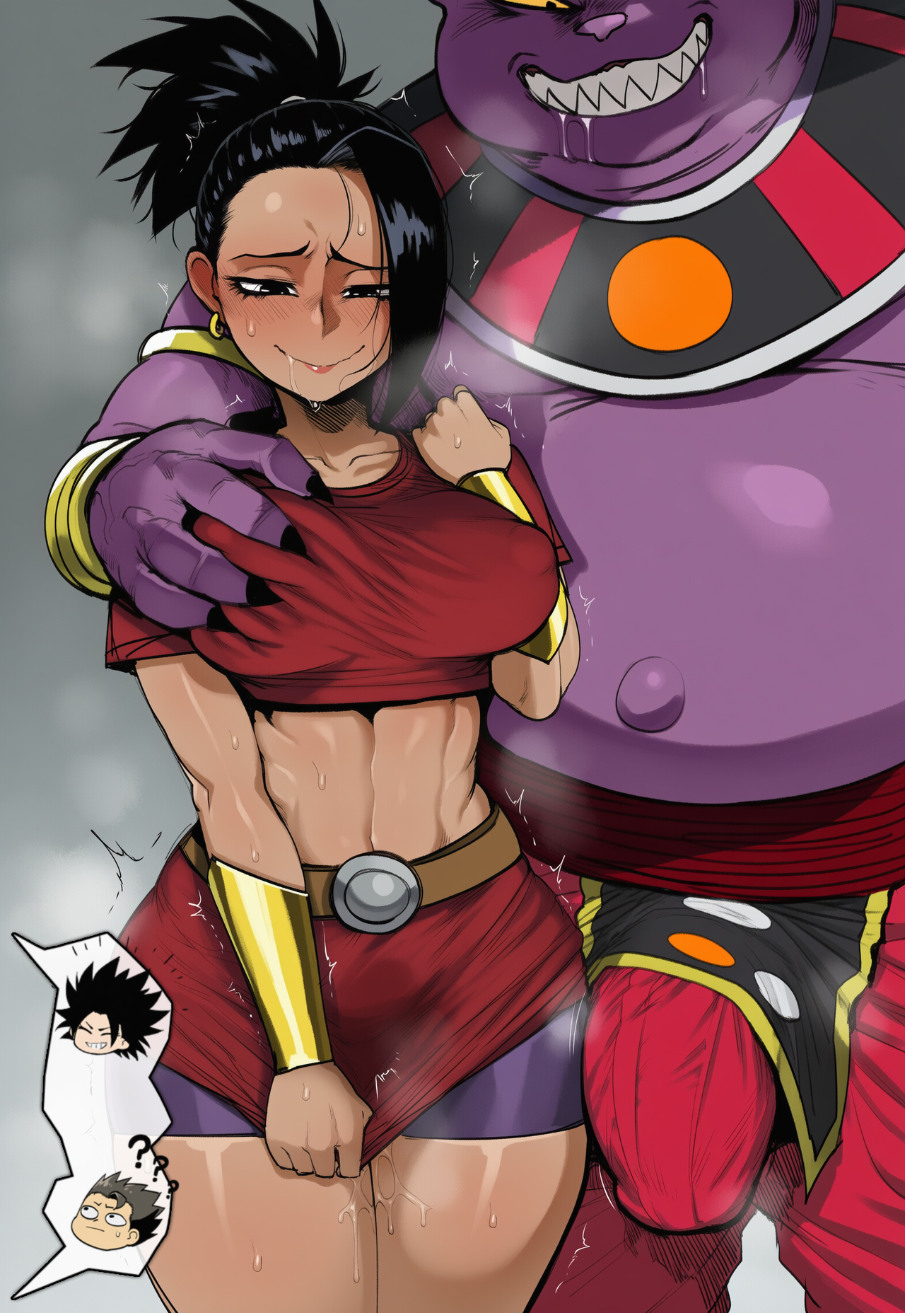 1boy, 1girls, ai generated, big breasts, big penis, black hair, breasts, bulge, bulge through clothing, cabba, cat humanoid, caulifla, champa, chibi, dragon ball, dragon ball super, drooling, earrings, fat male, female, female saiyan, groping, groping breasts, jazzifu, kale, large breasts, large penis, looking at viewer, male, penis, pulling clothing, purple skin, pussy juice, saiyan, self upload, shaking, sharp teeth, straight, sweat