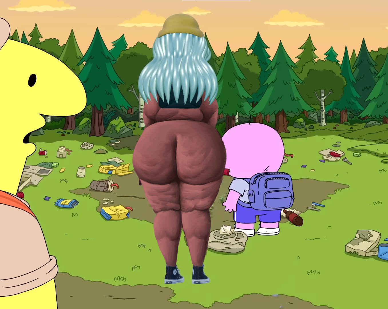 1girls, ass, big ass, charlie (smiling friends), charlie dompler, chubby, chubby female, dolly dimpley, fat ass, female, forest, forest background, giant ass, gigantic ass, huge ass, large ass, overweight, overweight female, pim (smiling friends), pim pimling, screencap, screenshot edit, smiling friends, smiling friends self inserts, sykotikfuckerr, voluptuous ass, what, what the fuck is this