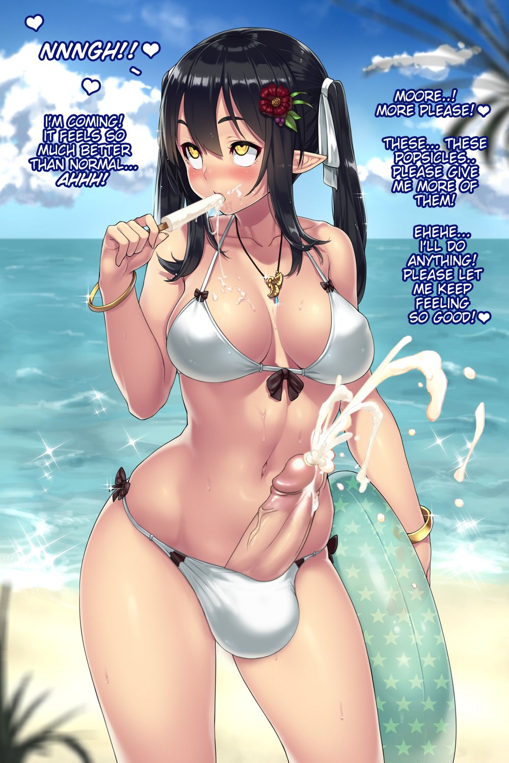 1futa balls beach breasts caption clothed clothing cum cum_inducing_popsicle dialogue ejaculation elf elf_(houtengeki) elzikyuchi eyes_rolling_back food futa_only futanari hair_ornament hands-free handsfree_ejaculation horny houtengeki humanoid humanoid_penis light-skinned_futanari light_skin mostly_nude orgasm pale_skin penis popsicle popsicle_in_mouth rolling_eyes solo standing swimsuit text twintails veiny_penis