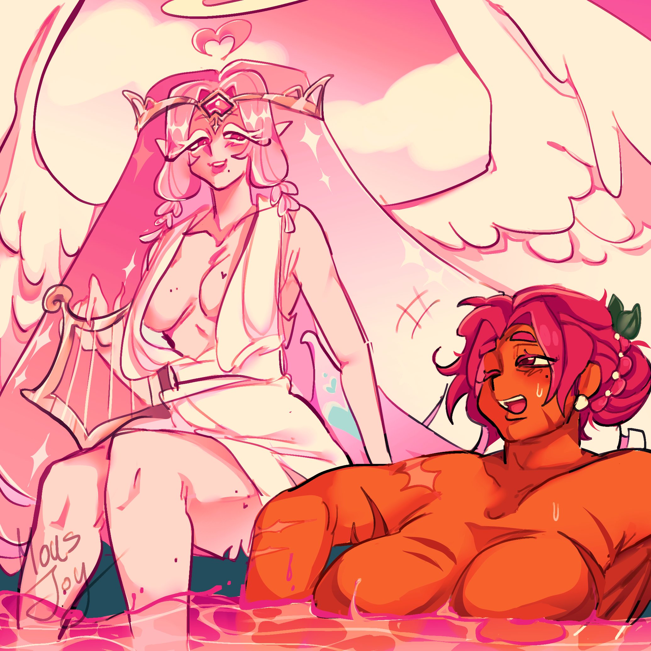 2girls, barely clothed, bathing, bbw, boobs out, breasts, chubby, chubby female, clothed, cookie run, cookie run kingdom, eternal sugar cookie, hollyberry cookie, looking at another, mousjoy, scars, smiling, yuri