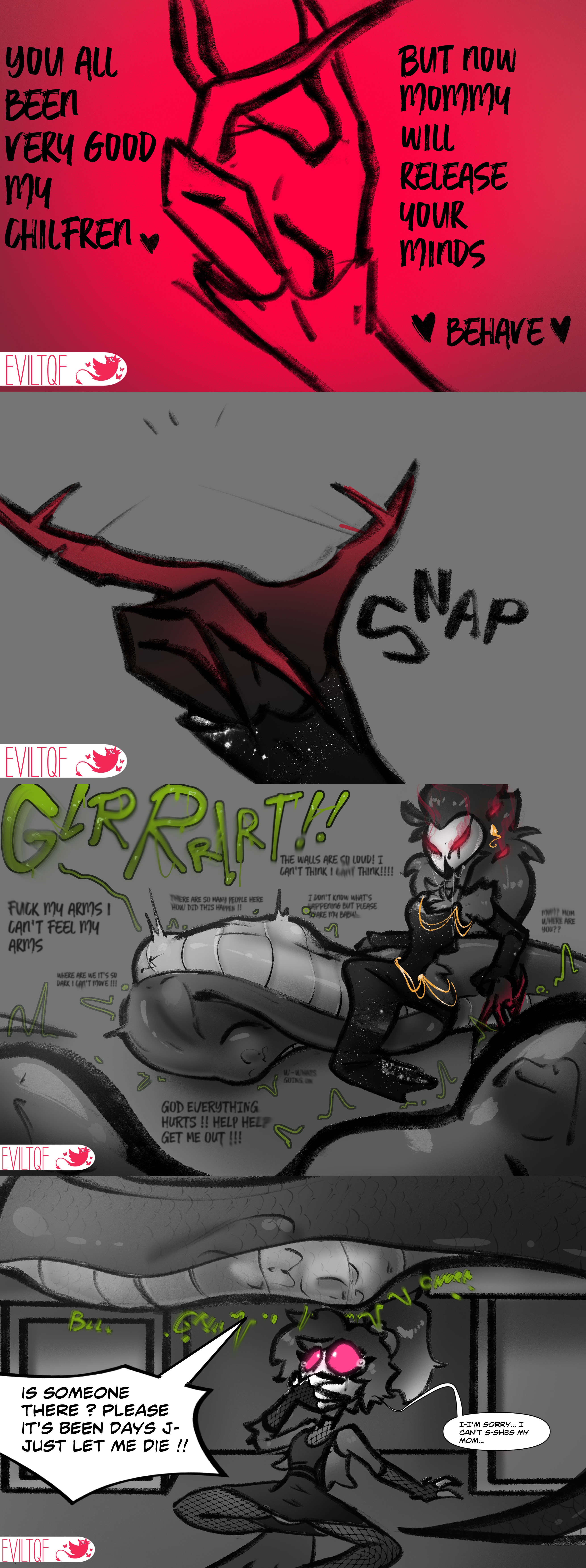 absurd res, anthro, apode, avian, beak, bird, bodily fluids, demon, dialogue, digested, digestion, digestion implied, digestion noises, digital media (artwork), draconcopode, english text, eviltqf, female, female stolas, forced, group, hellaverse, helluva boss, hi res, hypnosis, hypnotic eyes, lamia, legless, mind control, naga, octavia (helluva boss), open mouth, oral vore, pain, reptile, ringed eyes, scalie, screaming, serpentine, size difference, snake, split form, stolas (helluva boss), text, tongue, vore
