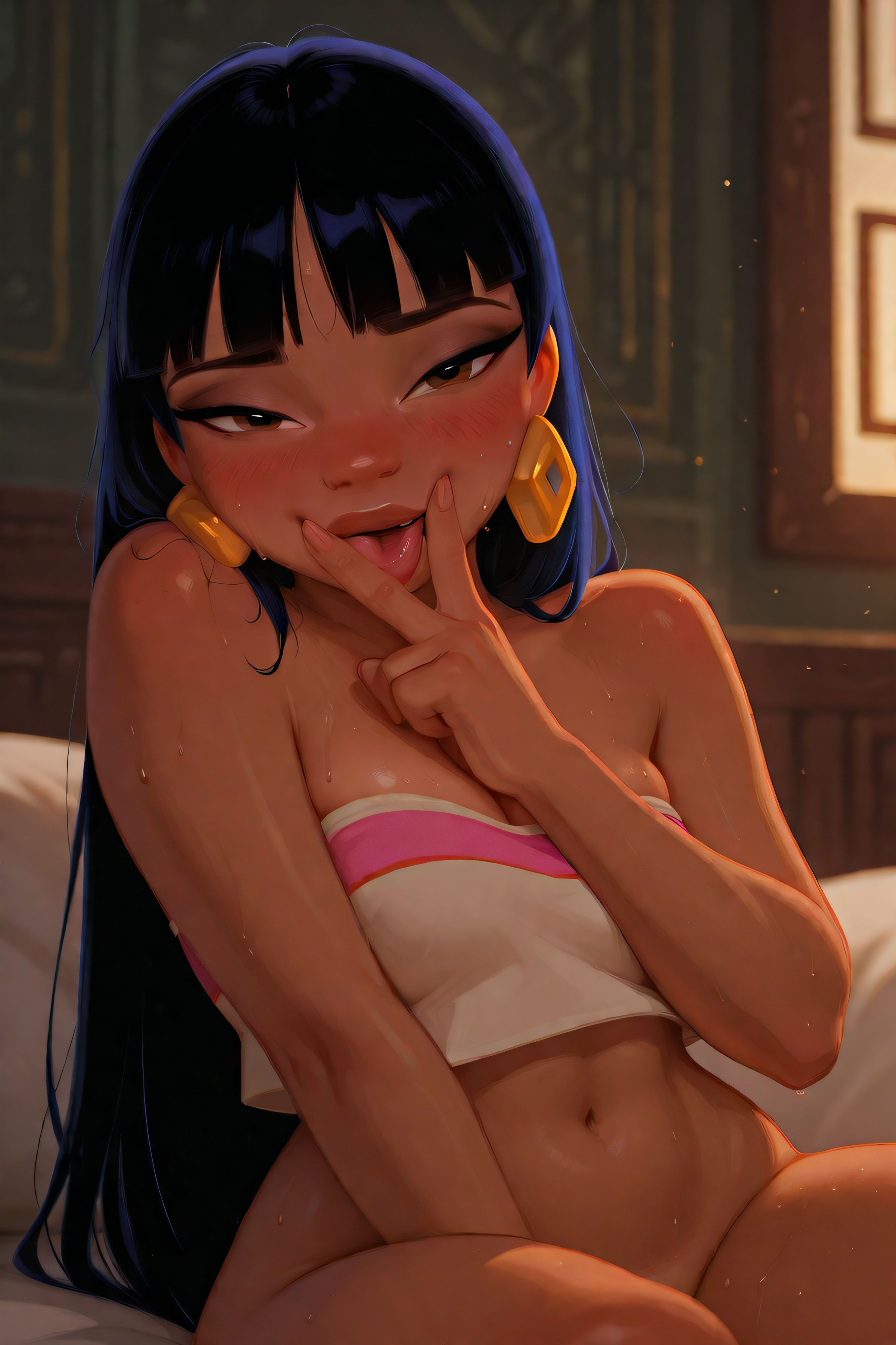 2026, ai generated, belly button, black hair, blunt bangs, blushing, blushing female, bottomless, brown eyes, chel, chel (the road to el dorado), cleavage, cunnilingus gesture, dreamworks, earrings, hand between legs, long hair, looking at viewer, scorpianpp, self upload, sitting, sitting on bed, solo female, stable diffusion, sweat, sweatdrop, sweating, the road to el dorado, tongue out