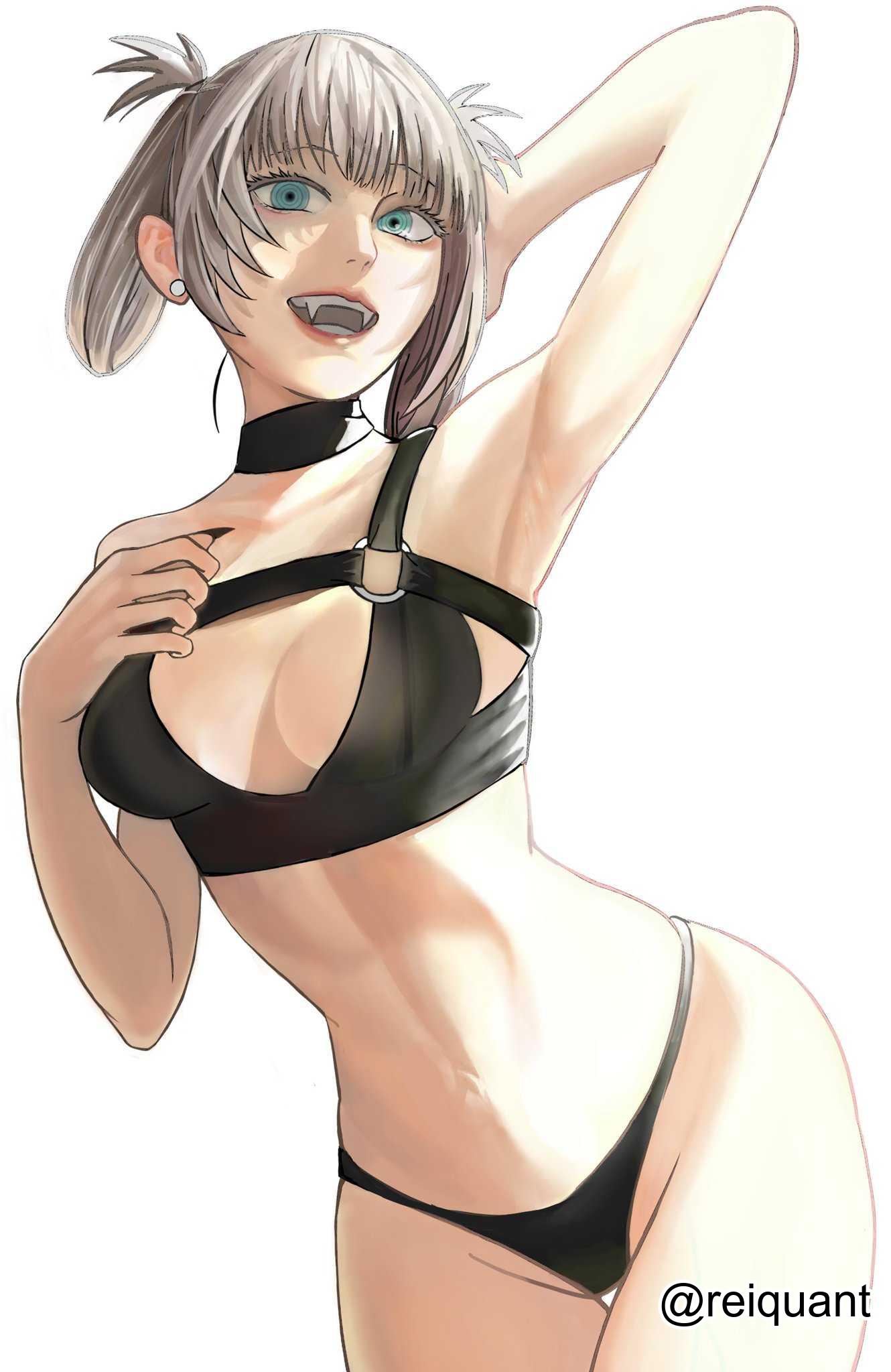 1girls, 2d, 2d (artwork), 2d artwork, arm behind head, armpit, armpit crease, armpit peek, armpits, average breasts, bare armpits, bare arms, bare belly, bare chest, bare hands, bare hips, bare legs, bare midriff, bare navel, bare shoulders, bare skin, bare thighs, belly, belly button, bikini, bikini bottom, bikini only, bikini top, black bikini, black bikini bottom, black bikini top, black fingernails, black nail polish, black nails, black swimsuit, black swimwear, blue eyes, blue-eyed female, breasts, call of the night, child bearing hips, collarbone, curvaceous, curvaceous body, curvaceous female, curvaceous figure, curvaceous hips, curvy, curvy body, curvy female, curvy figure, curvy hips, digital, digital art, digital drawing, digital drawing (artwork), digital media, digital media (artwork), elbows, exposed armpits, exposed arms, exposed belly, exposed chest, exposed hips, exposed legs, exposed midriff, exposed navel, exposed shoulders, exposed skin, exposed thighs, eyebrows visible through hair, female, female focus, female only, fertile hips, fingernails, fingers, grey eyebrows, grey hair, grey-haired female, groin, hairless armpits, half naked, half nude, halterneck, hand behind head, hand on chest, hand on own chest, head tilt, high resolution, highres, inguinal crease, inguinal ligament, lean figure, looking at viewer, medium breasts, midriff, nail polish, nails, naked, naked female, naked woman, nanakusa nazuna, narrow waist, navel, nude, nude female, nudity, open mouth, open mouth smile, parted lips, posing, posing for the viewer, posing naked, posing nude, presenting armpit, reiquant, semi nude, shaved armpits, short hair, shoulders, simple background, slender body, slender waist, slim waist, smile, smiley face, smiling, smiling at viewer, solo, standing, swimsuit, swimwear, thick thighs, thigh gap, thighs, tilted head, tongue, upper body, upper teeth, white background, wide hips, yofukashi no uta