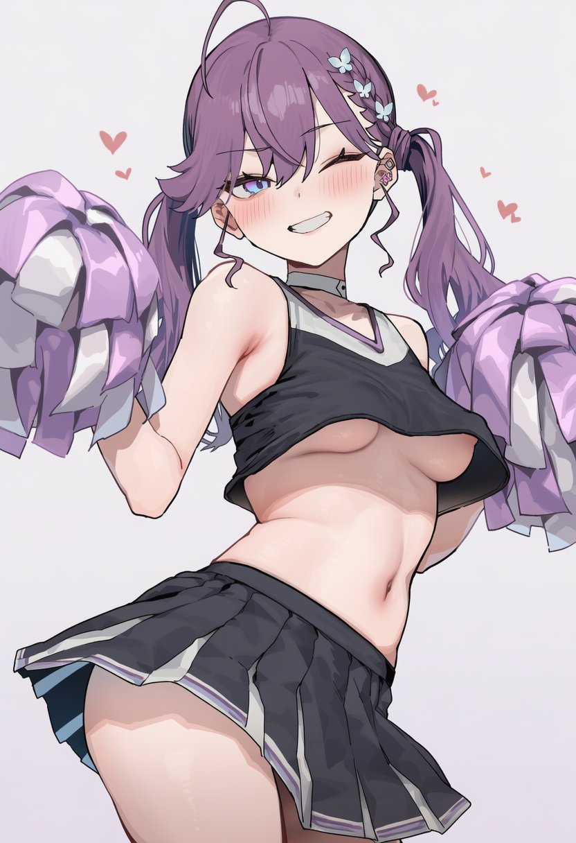 ai generated, artist request, belly, blush, braless, cheerleader, cheerleader uniform, female, female only, gakuen idolmaster, heart, hearts around head, idolmaster, kaya rinha, midriff, nipple bulge, no bra, puffy nipples, purple hair, skirt, small breasts, solo, solo female, twintails, underboob, winking