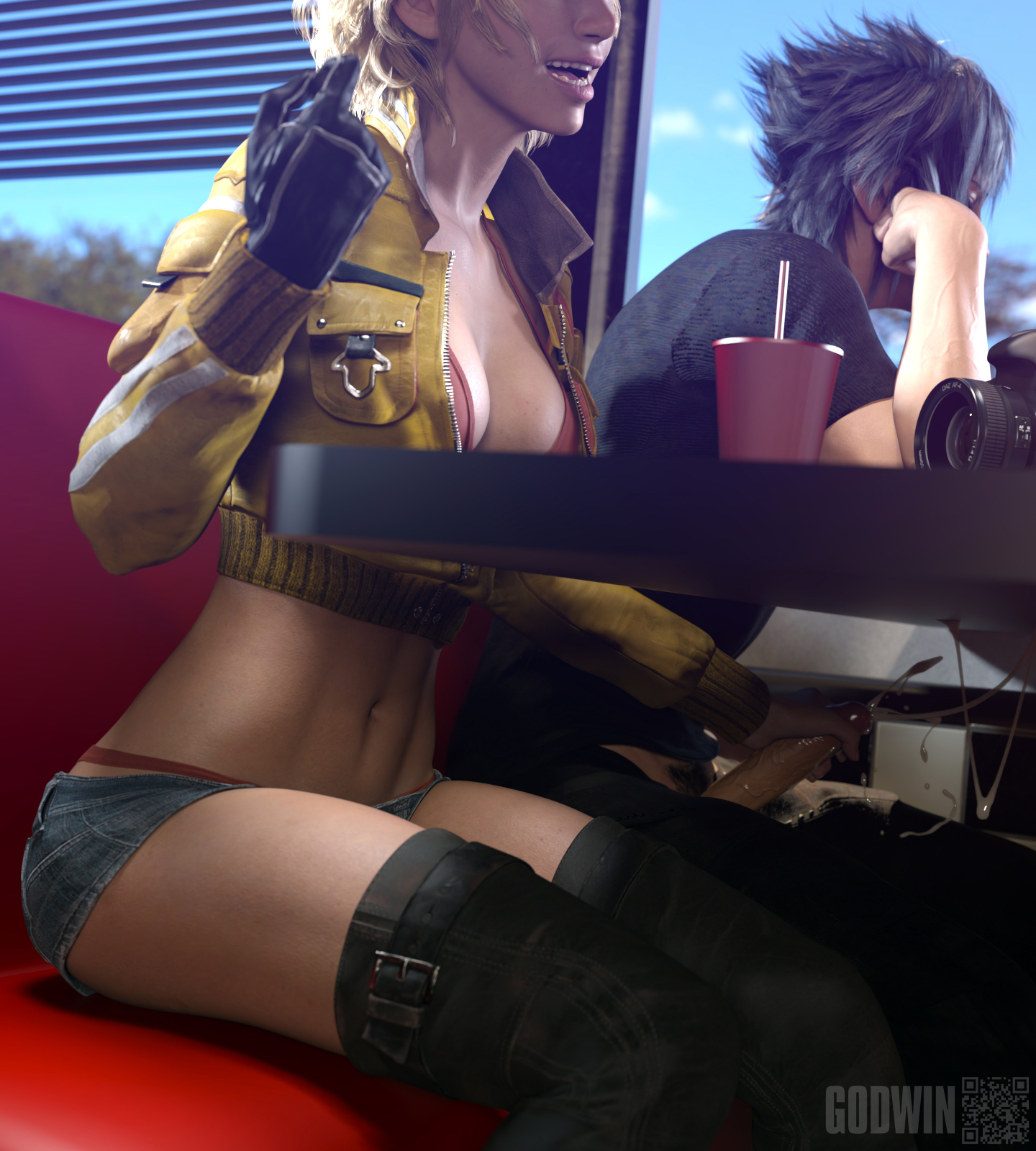 1boy, 1girls, 3d, 3d (artwork), abdomen, abs, artist name, belly, belly button, black gloves, black hair, blonde hair, boots, bra, camera, cindy aurum, cleavage, closed eyes, clothed, cock, cropped, cum, cum drip, cum dripping, cum rope, cum string, cumming, dick, female, final fantasy, final fantasy xv, gloves, godwin, handjob, hidden eyes, hidden face, holding penis, human, human only, jacket, jacket open, jerking, jerking off, jerking off another, light-skinned female, light-skinned male, male, masturbation, mechanic, neroxliv, noctis lucis caelum, nsfw, open mouth, outercourse, panties, pants down, pantylines, penis, prompto argentum, pubic hair, public, public indecency, secret, short hair, short shorts, shorts, sitting, smile, smiling, sneaky, spiky hair, stealth sex, stomach, stroking penis, t-shirt, table, talking, talking to another, tomboy, under the table