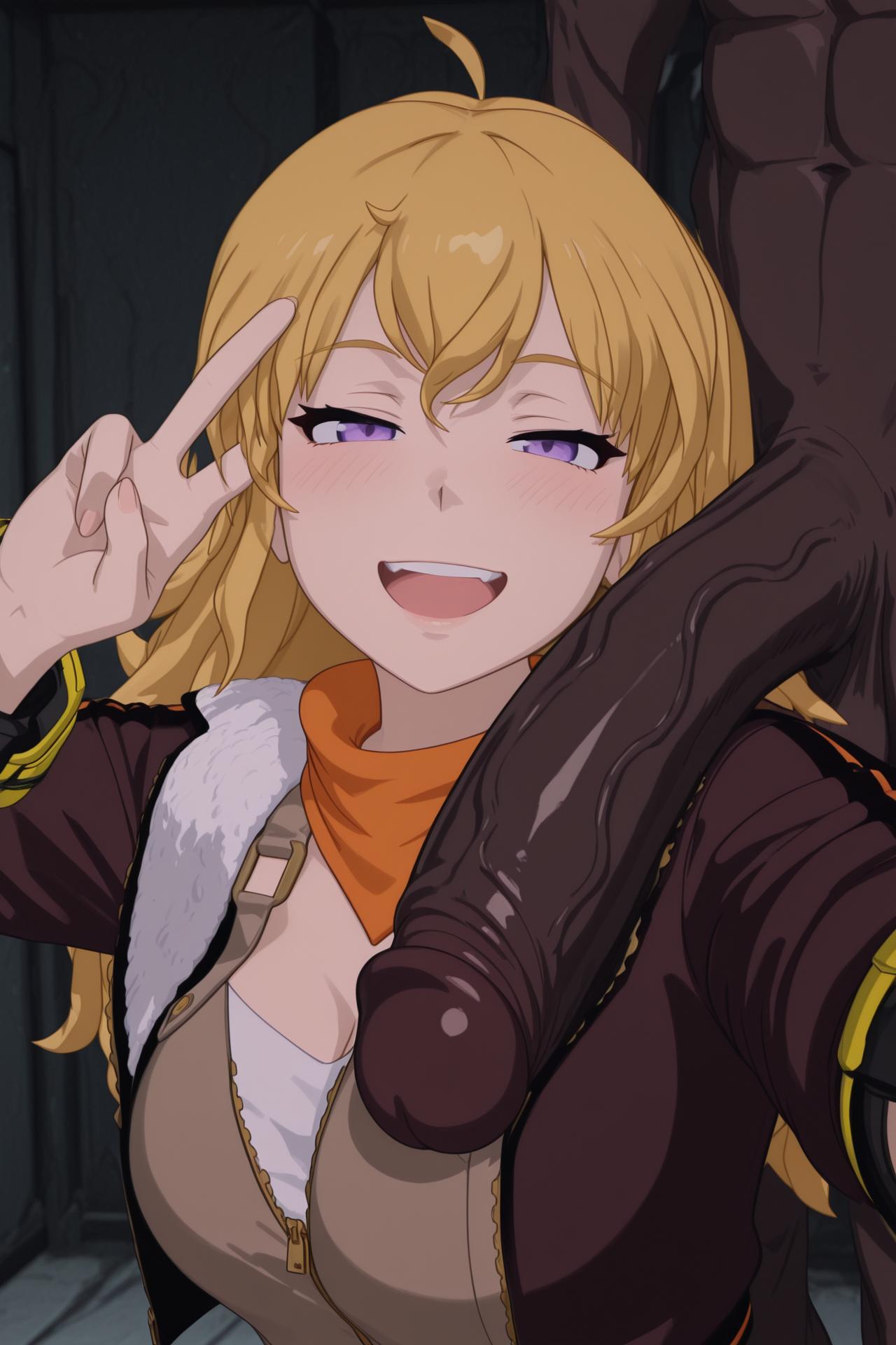:d, 1boy, ahoge, ai generated, black jacket, blonde hair, blush, breasts, brown jacket, brown vest, cleavage, clothed female nude male, dark penis, dark skin, dark-skinned male, erection, female, fur trim, fur-trimmed jacket, generic dark-skinned-muscular male, hair between eyes, half-closed eyes, hand up, huge cock, interracial, jacket, kuro ai, large breasts, large penis, long hair, long sleeves, looking at penis, looking at viewer, medium breasts, muscular, muscular male, netorare, nude, open clothes, open jacket, open mouth, orange scarf, outstretched arm, penis, purple eyes, rwby, scarf, selfie, shirt, smile, solo focus, straight, teeth, testicles, uncensored, upper body, upper teeth only, v, veins, veiny penis, very dark skin, vest, viz media, w, wavy hair, white shirt, yang xiao long, zipper
