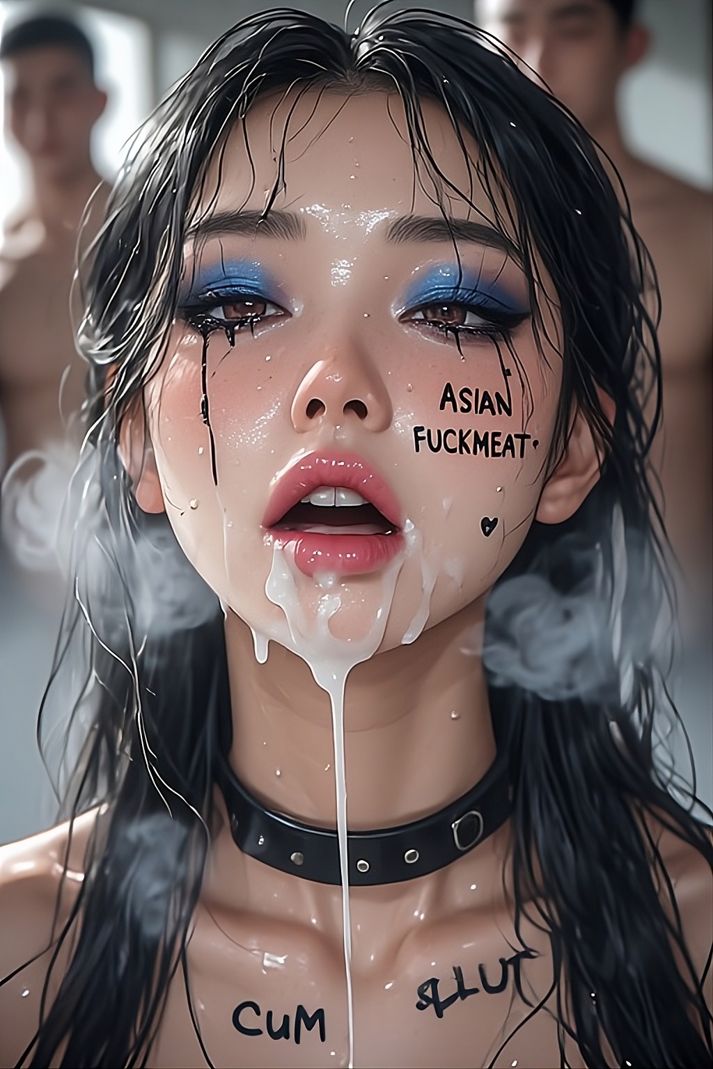 after blowjob, after fellatio, after gangbang, after group sex, after sex, after sex selfie, after threesome, ai art, ai assisted, ai generated, asian female, black hair, blue eyeshadow, body made for cock, body markings, body writing, bodywriting, breath, breath cloud, breathing heavily, cum, cum in mouth, cum leaking out of mouth, cum on body, cum on breasts, cum on face, cum on hair, disheveled, disheveled hair, female, female focus, female only, femsub, fucked silly, fucked up, fucked up face, messy, messy hair, messy makeup, mmf, mmf threesome, nasty, pink lip gloss, pink lips, pink lipstick, raceplay, ruined makeup, runny makeup, runny mascara, slave collar, slave girl