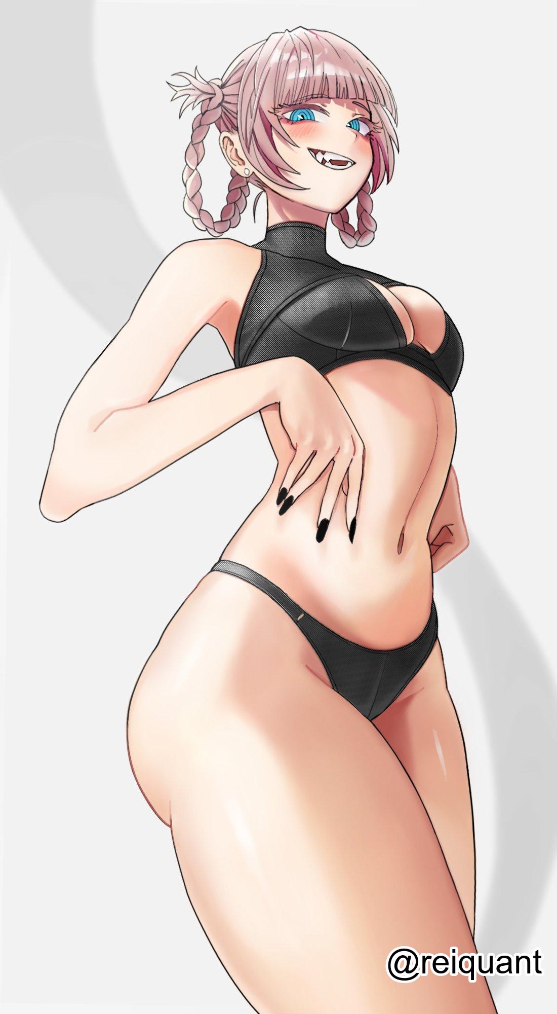 1girls, 2d, 2d (artwork), 2d artwork, adult, adult female, average breasts, bare armpits, bare arms, bare belly, bare hands, bare hips, bare legs, bare midriff, bare navel, bare shoulders, bare skin, bare thighs, belly, belly button, bikini, bikini bottom, bikini only, bikini top, black bikini, black bikini bottom, black bikini top, black swimsuit, black swimwear, blue eyes, blue-eyed female, blunt bangs, blush, blush face, blushing at viewer, blushing female, braid, braided hair, braided pigtails, braids, breasts, call of the night, cleavage, collarbone, curvaceous, curvaceous body, curvaceous female, curvaceous figure, curvaceous hips, curvy, curvy body, curvy female, curvy figure, curvy hips, digital, digital art, digital drawing, digital drawing (artwork), digital media, digital media (artwork), ear piercing, elbows, exposed armpits, exposed arms, exposed belly, exposed hips, exposed legs, exposed midriff, exposed navel, exposed shoulders, exposed skin, exposed thighs, eyebrows visible through hair, female, female focus, female only, fingernails, fingers, gluteal fold, grey eyebrows, grey hair, grey-haired female, groin, high resolution, highres, inguinal crease, inguinal ligament, lean figure, legs closed, legs together, linea alba, looking at viewer, looking down, looking down at viewer, mature, mature female, medium breasts, midriff, nail polish, nails, nanakusa nazuna, narrow waist, navel, open mouth, open mouth smile, parted lips, pierced ear, reiquant, short hair, shoulders, simple background, slender body, slender waist, slim waist, smile, smiley face, smiling, smiling at viewer, solo, standing, stomach, swimsuit, swimwear, thick thighs, thighs, thighs together, tongue, twin braids, upper body, upper teeth, vampire, vampire girl, white background, wide hips, yofukashi no uta