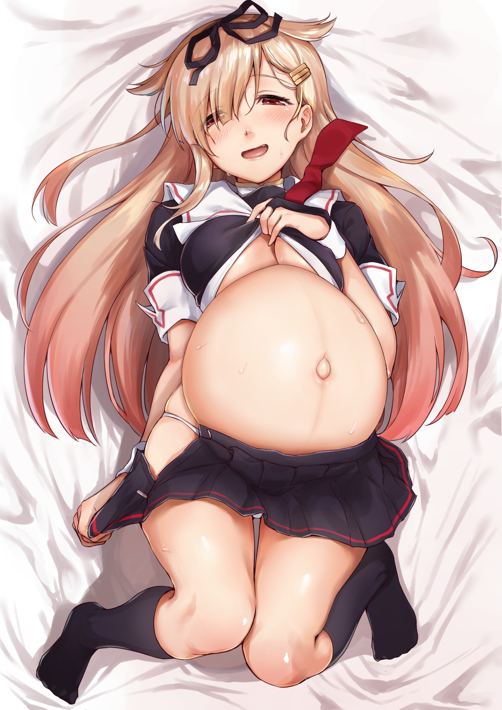 blonde_hair blush cute_fang female female_only fingerless_gloves full_body gradient_hair hair_over_one_eye hair_ribbon hairbow hairclip half-closed_eyes kantai_collection knees_together_feet_apart long_hair looking_at_viewer on_back on_bed pleated_skirt pregnant ready_to_pop red_eyes serafuku shirt_lift skirt_pull smile socks solo sweat third-party_edit umakuchi_shouyu underboob yuudachi_(kantai_collection)